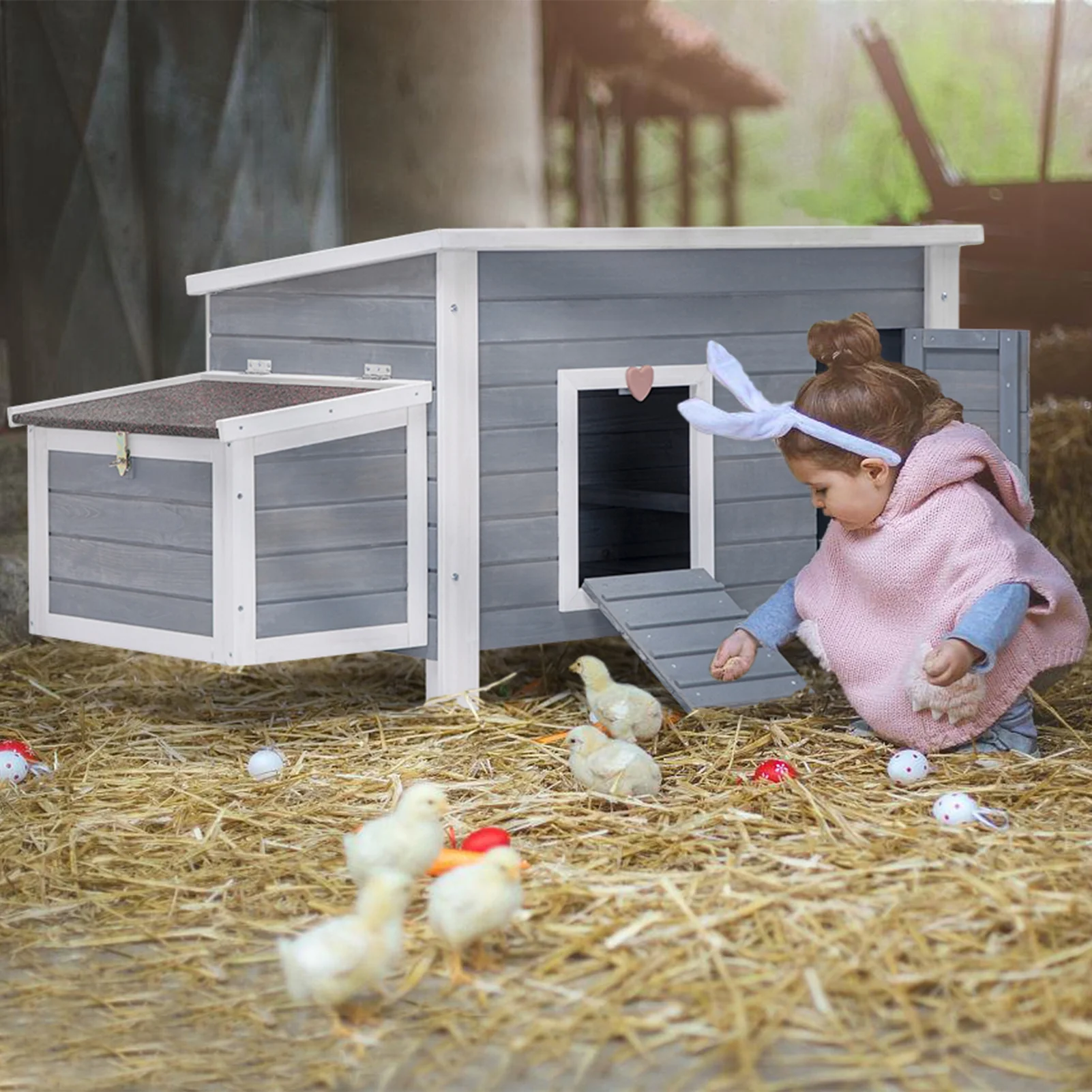 Large Chicken Coop with Upgraded Perches, Weatherproof Hen House with Two Large Nesting Box,Poultry Cage,3-5 chicken, Grey(Gray) - Image 10