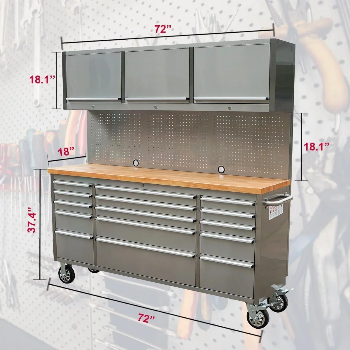 72 Inch Stainless Steel Rolling Tool Chest with 15 Drawers + 3 Upper Cabinets, Mobile Workbench, Assembled Large Tool Box Lockable Storage Cabinet with Wheels for Garage Workshop