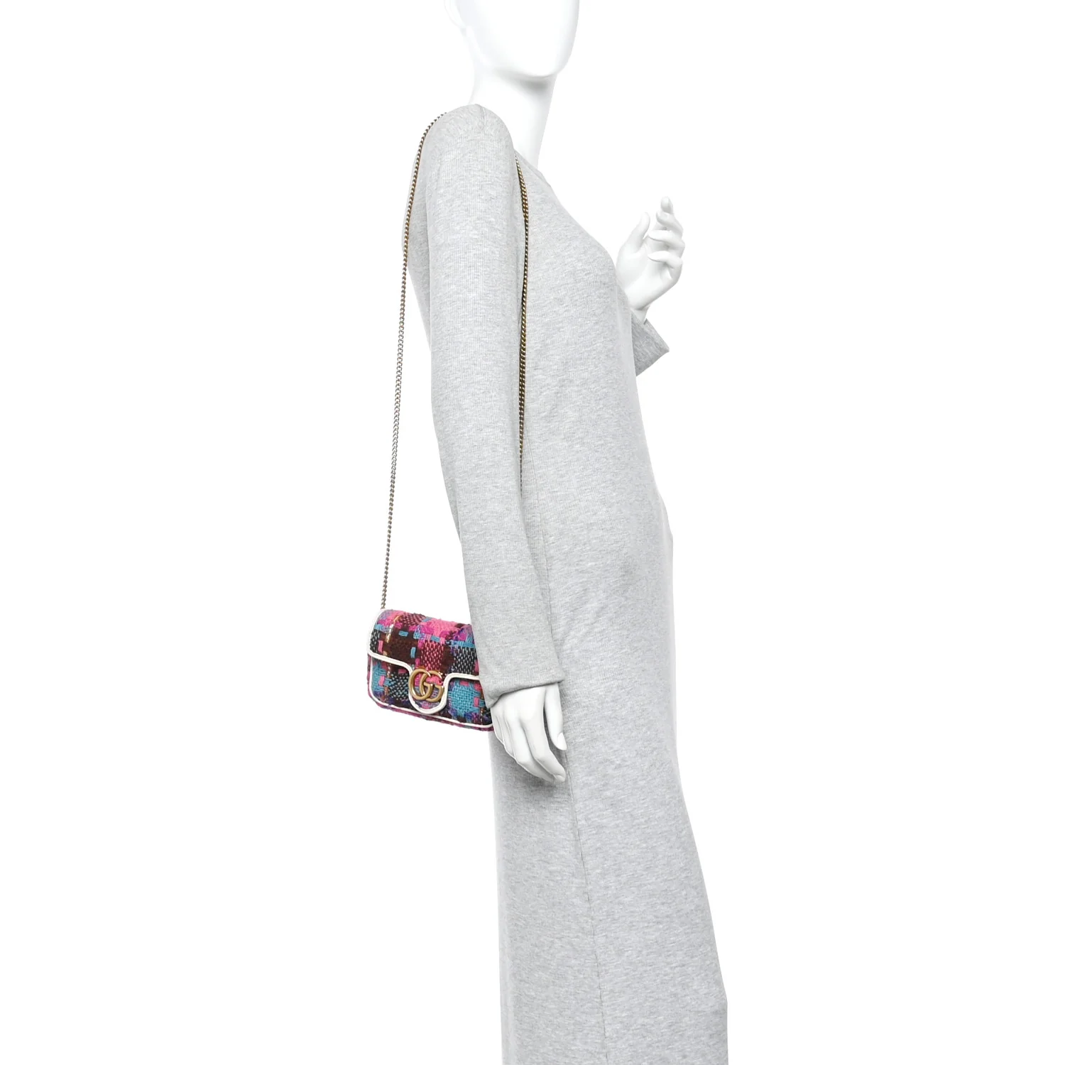 Tweed Calfskin Spicy Check Super Mini GG Marmont Shoulder Bag Pink Multicolor Mystic White
