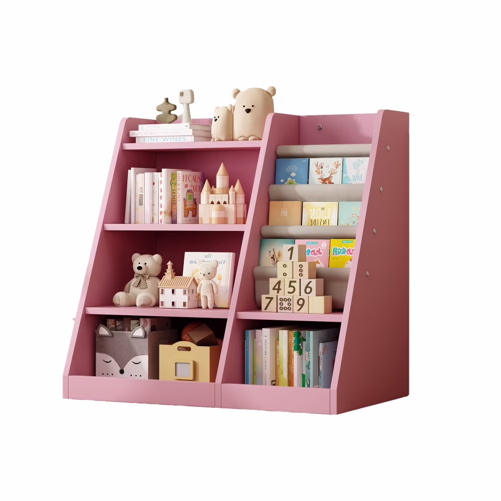 Montessori Kid Bookshelf, Modern Wood Bookcase 4 Tier Children Book Rack Display Toy Storage Organizer Sling Book Rack for Classroom Bedroom Nursery Playroom (Pink)(Pink)