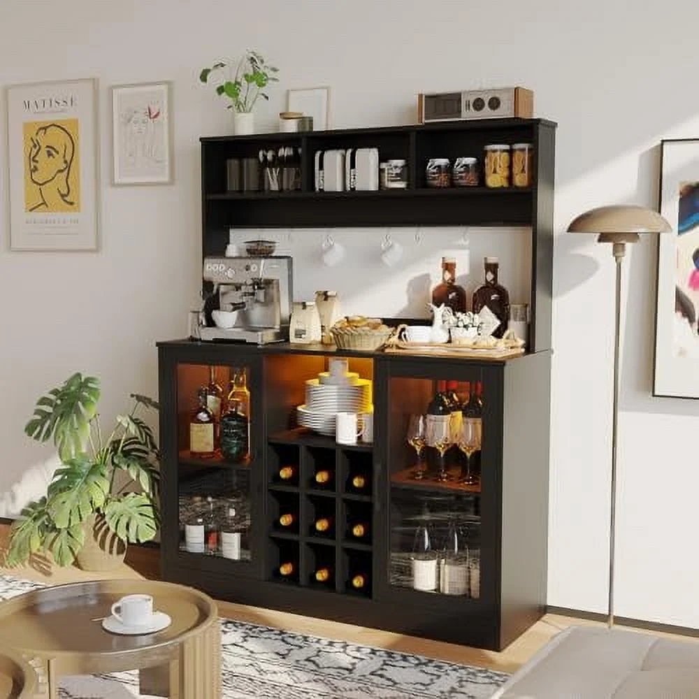 Coffee Bar Cabinet Wine Bar Cabinet with Power Outlet, 6 Hooks,9 Wink Racks and Adjustable Shelf, Liquor Cabinet Bar with LED Light, Buffet Sideboard with Storage Shelf for Kitchen, Black(Black) - Image 2