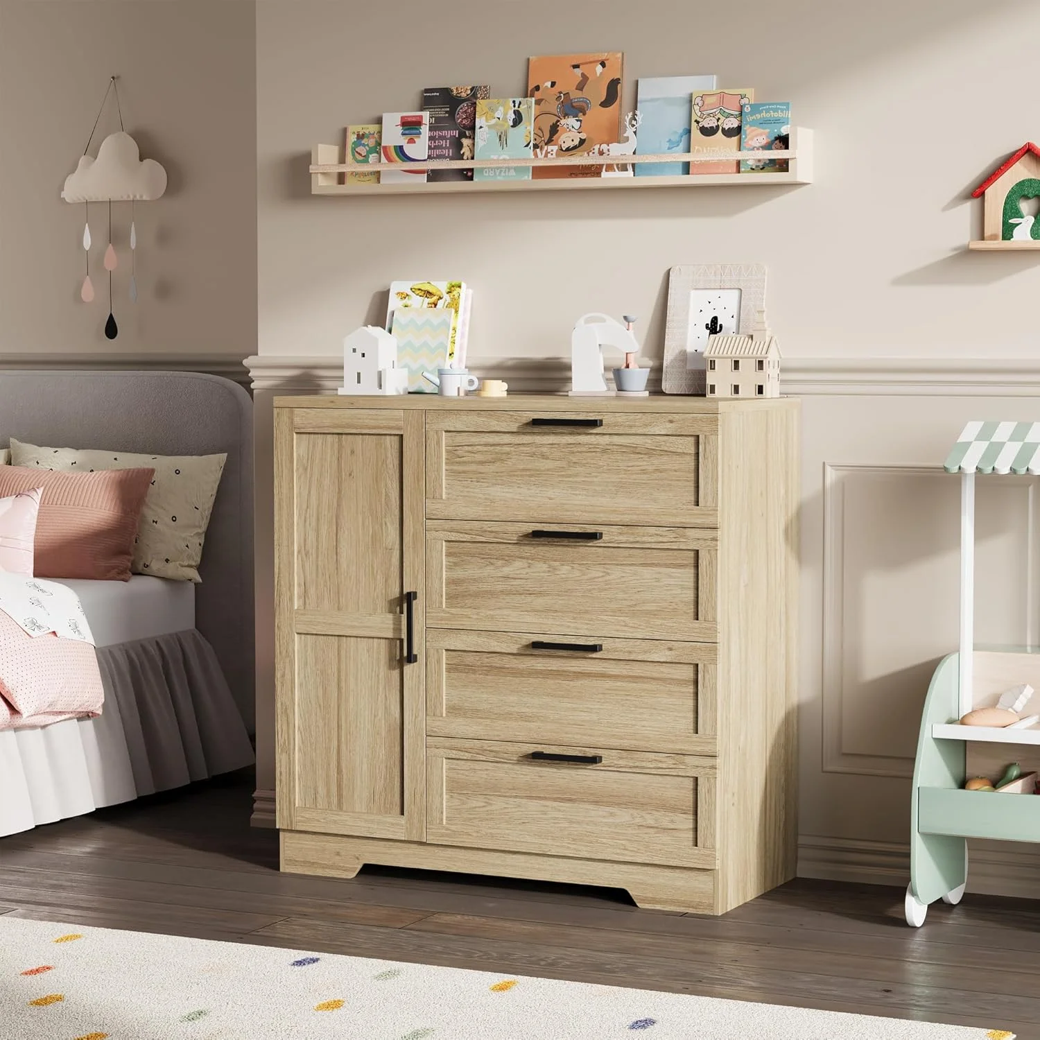 43.3" H Armoire Wardrobe Closet with 4 Drawers Hanging Rod, Multifunctional Wood Storage Cabinet for Bedroom, Natural Oak(Natural Oak) - Image 9