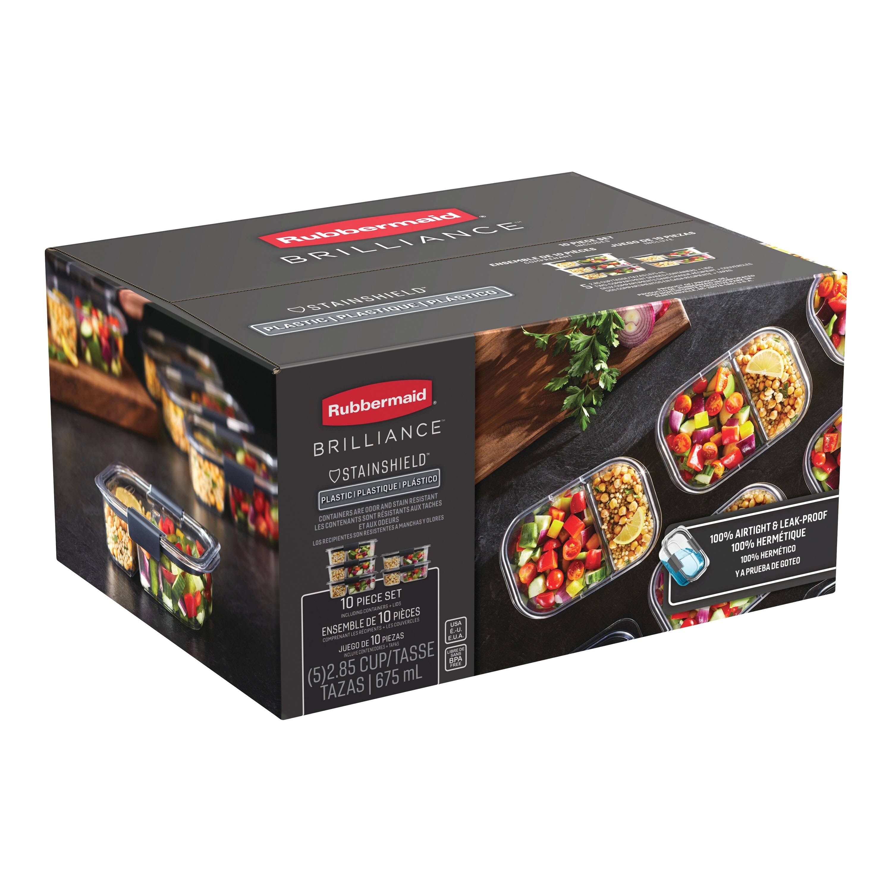 Rubbermaid Brilliance BPA Free Food Storage Containers with Lids, Airtight, for Lunch, Meal Prep, and Leftovers, 2 Compartments, Set of 5 (2.85 Cup)