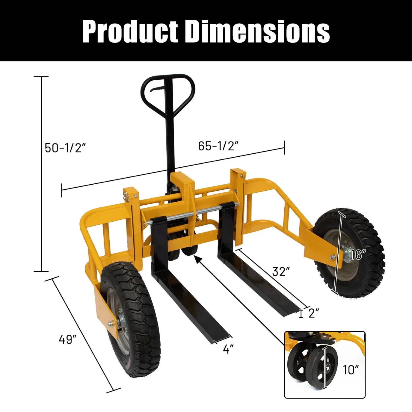 All Terrain Adjustable Manual Pallet Jack Hand Pallet Truck with Guardrail, 65.75W x 55.35D x 50.39H, 2500 lbs Cap.