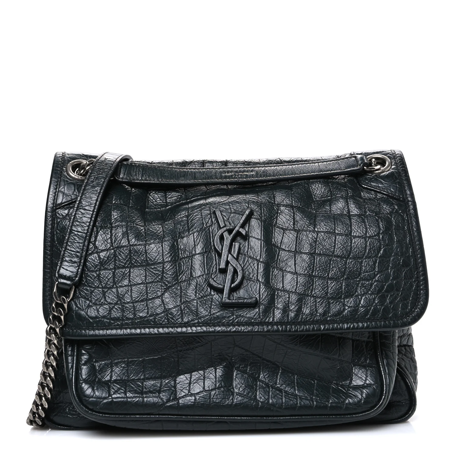 Crocodile Embossed Calfskin Monogram Medium Niki Chain Satchel Algea