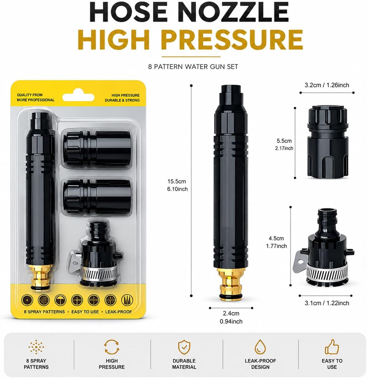 High Pressure Water Spray Gun for Garden Hose - 3 Adjustable Spray Modes Metal Nozzle for Car Wash, Patio, Floor & Plant Watering (1 Pack)