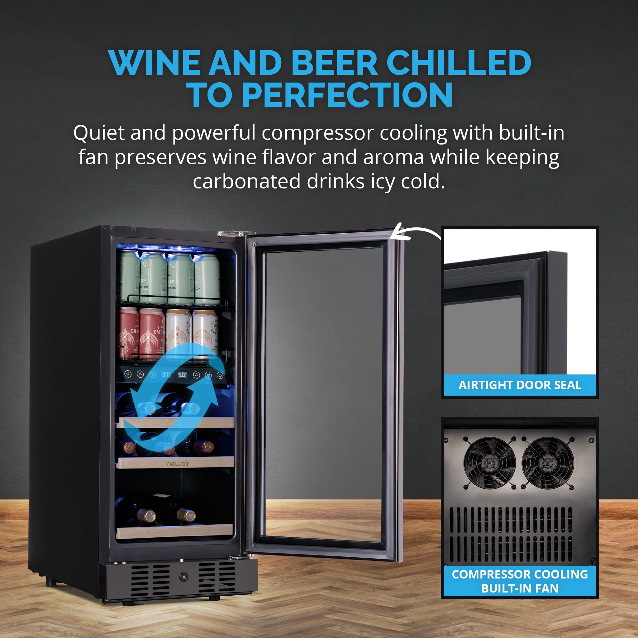 Newair 48-Can, 13-Bottle Built-in Dual Zone Black Beverage Fridge - 15