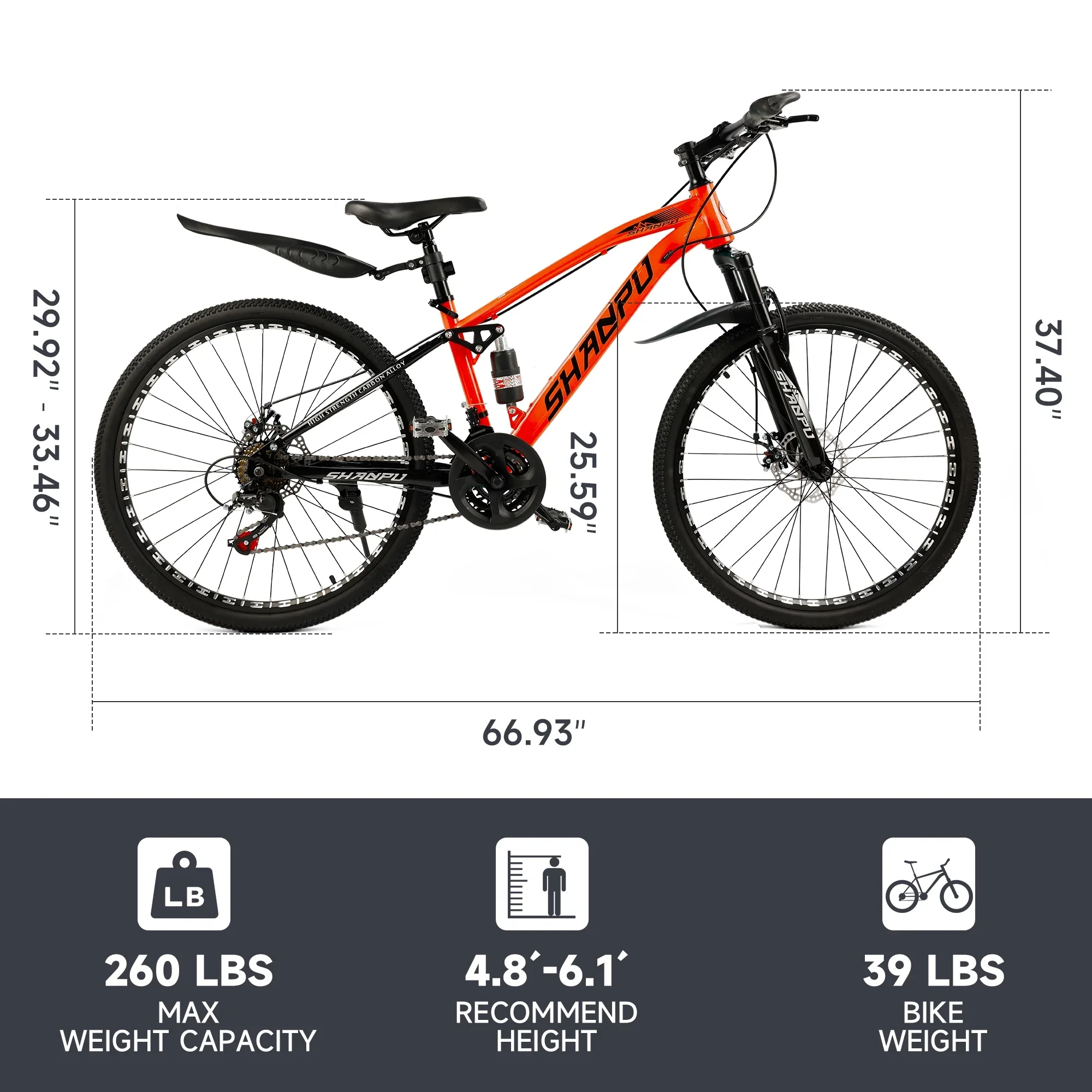ARTUDATECH 26 Inch Wheel Full Suspension Mens Mountain Bike, Shimano 21 Speed,  Dual Disc Brake Bike for Men Womens Adult Bicycle With Bike Lock And Air Pump, orange