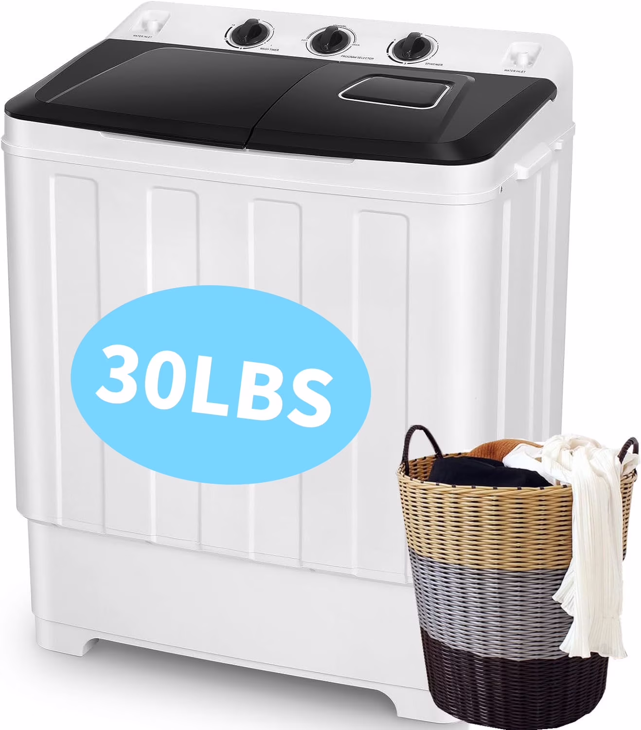 Portable Washing Machine, 30LBS Twin Tub Mini Compact Laundry 19lbs Washer/11lbs Spinner with Drain Pump Time Control Washer Spinner Combo, White(30LBS White) Image 3