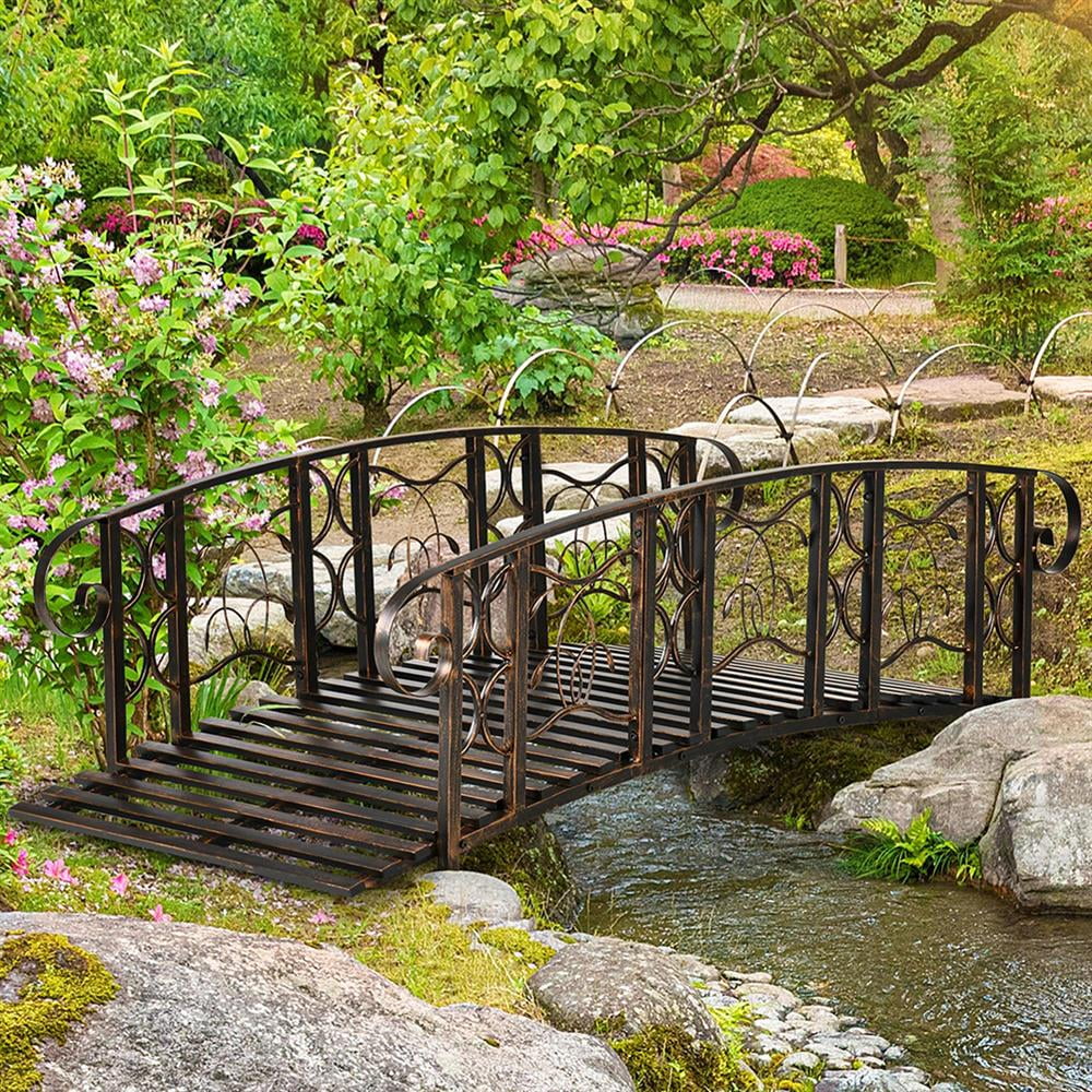 GVN Bridge, Garden Bridge,Metal Arch Backyard Garden Bridge with 660 lbs. Weight Capacity, Safety Siderails, Black