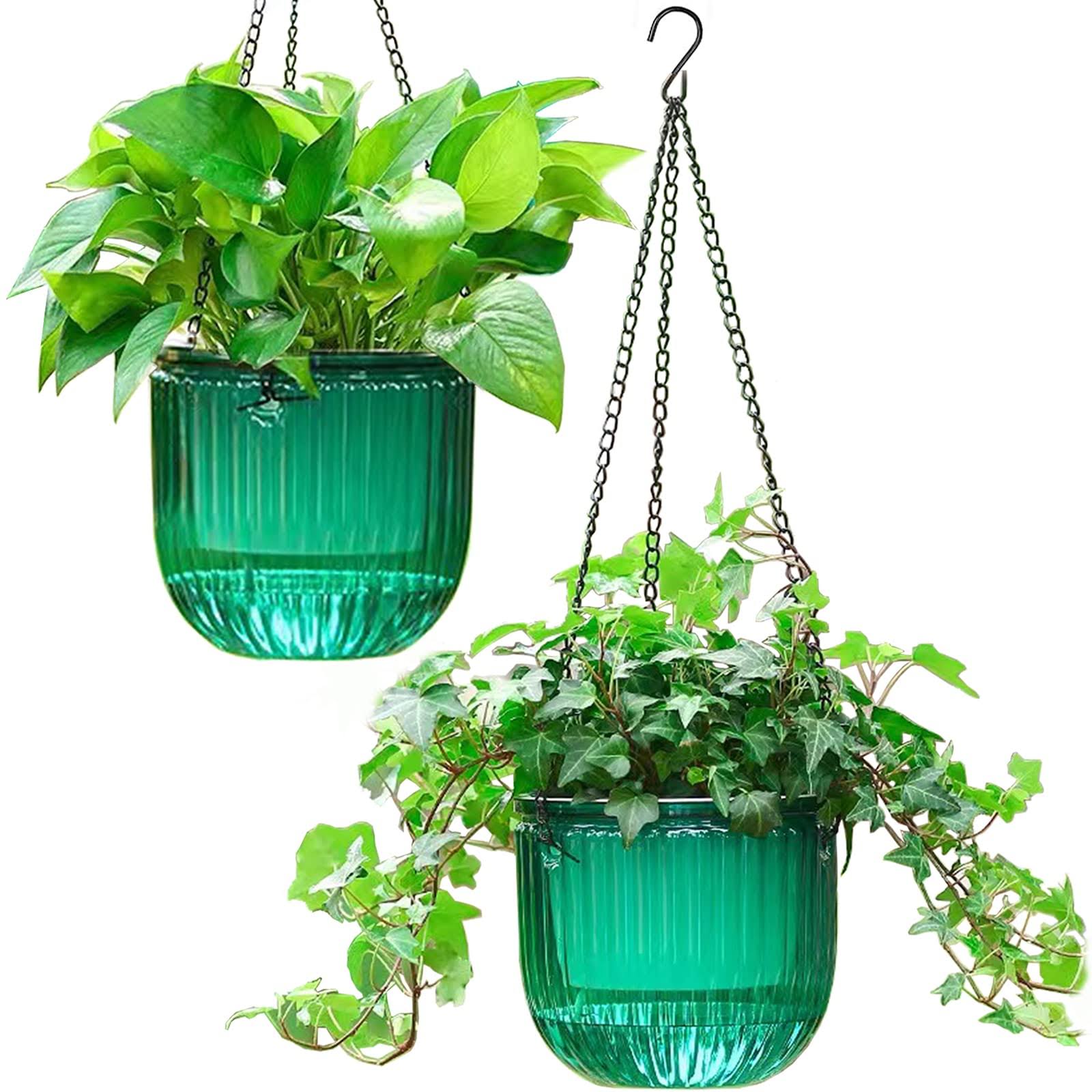 Melphoe 2 Pack Self Watering Hanging Planters Indoor Flower Pots, 6.5 inch Outdoor Hanging Basket, Plant Hanger with 3hooks Drainage Holes for