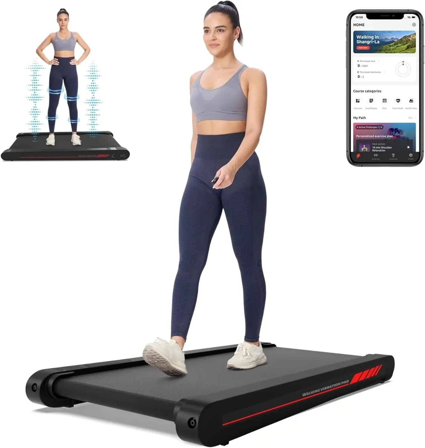 Tapis de marche vibrant avec application, tapis roulant 3 en 1 à utiliser sous un bureau, tapis roulant silencieux de 2,5 CV avec télécommande, tapis roulant portable pour la maison ou le bureau