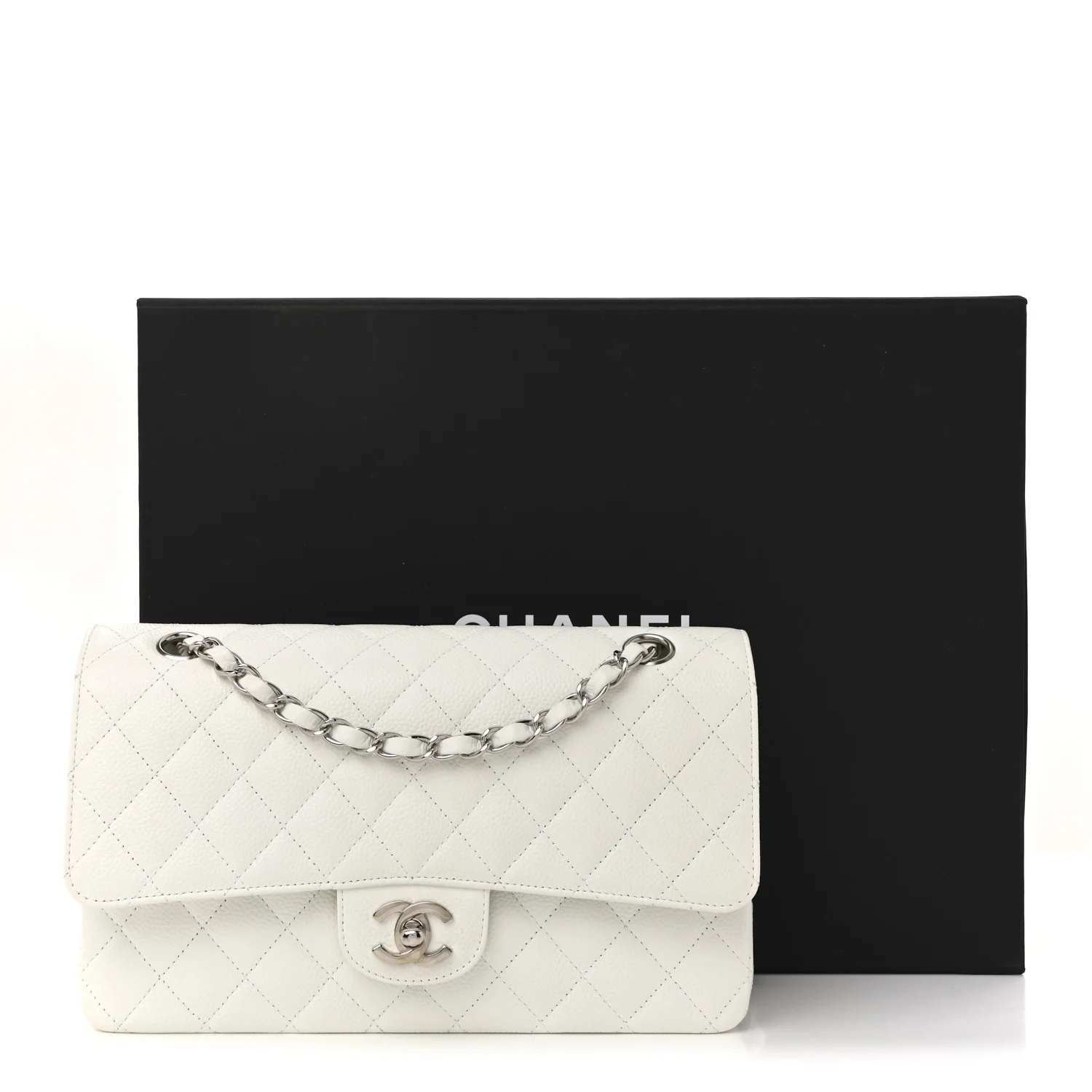 Caviar Quilted Medium Double Flap White