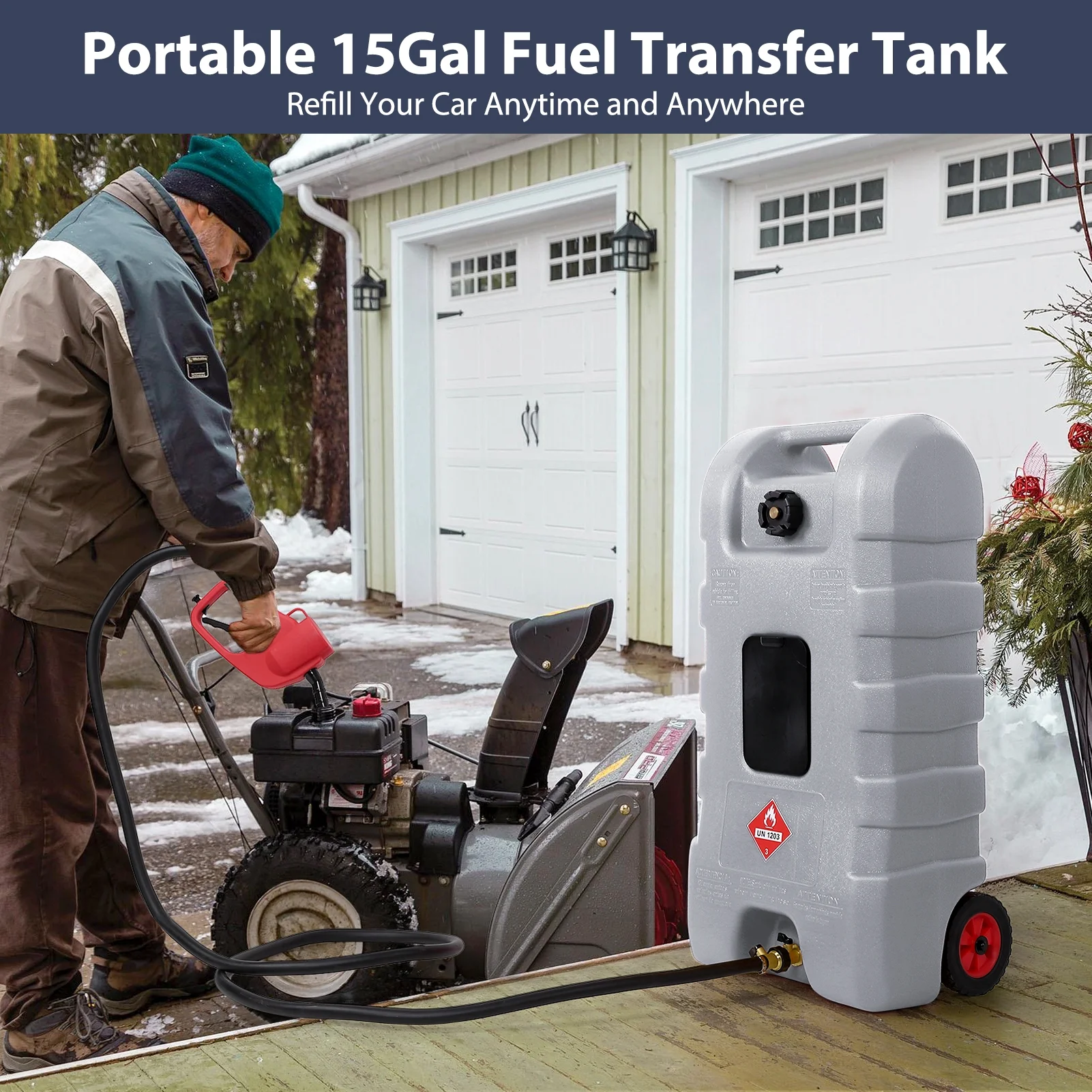 15 Gallon Fuel Caddy, Portable Gas Fuel Tank Container with LE Fluid Transfer Siphon Pump and 10ft. Delivery Hose, Diesel Storage Can On-Wheels for Cars, Lawn Mowers, ATVs, Boats, Gray(Gray) - Image 6