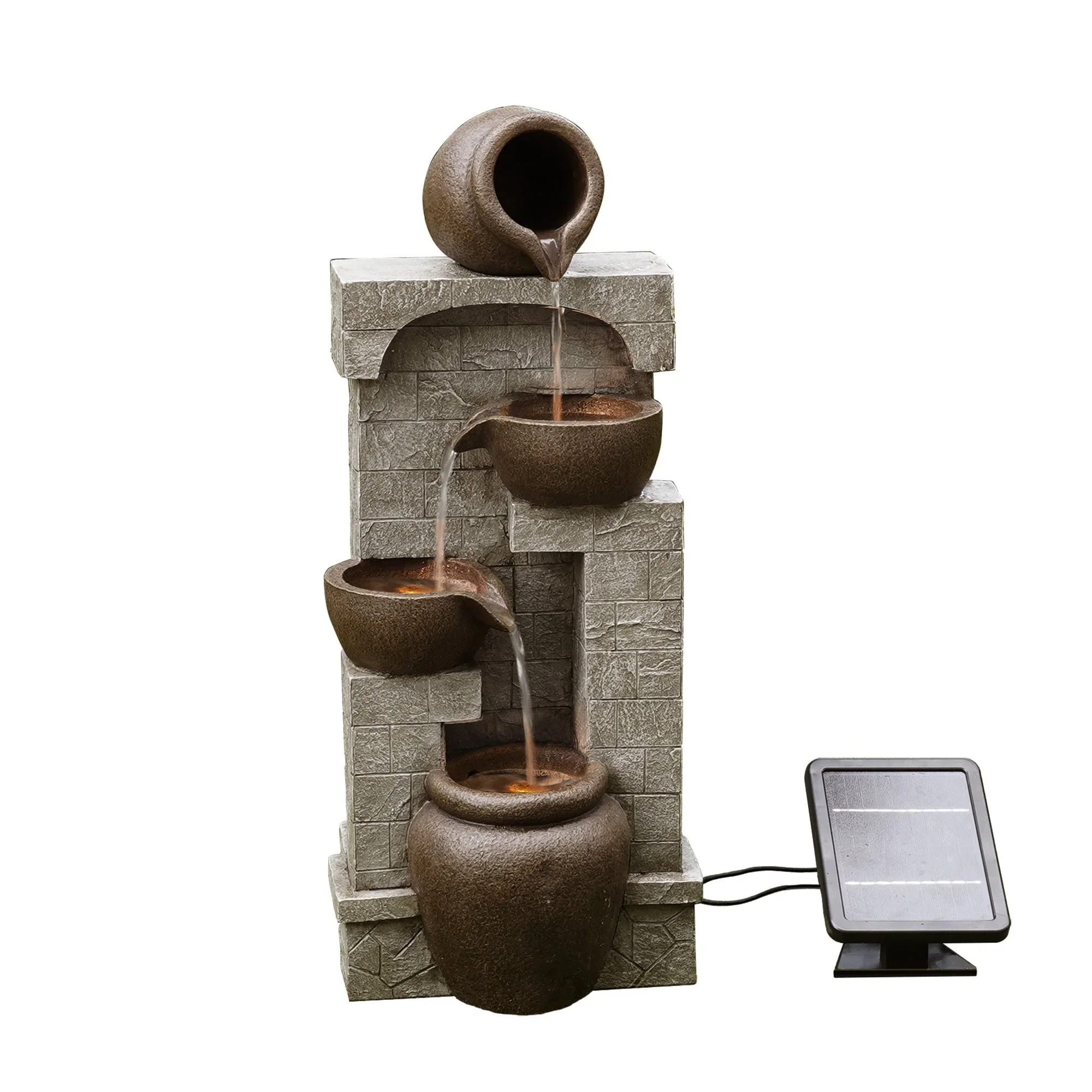 Teamson Home 28.5 Solar Powered 4-Tier Cascading Bowls & Stacked Stones Garden Water Fountain with LED Lights, Brown