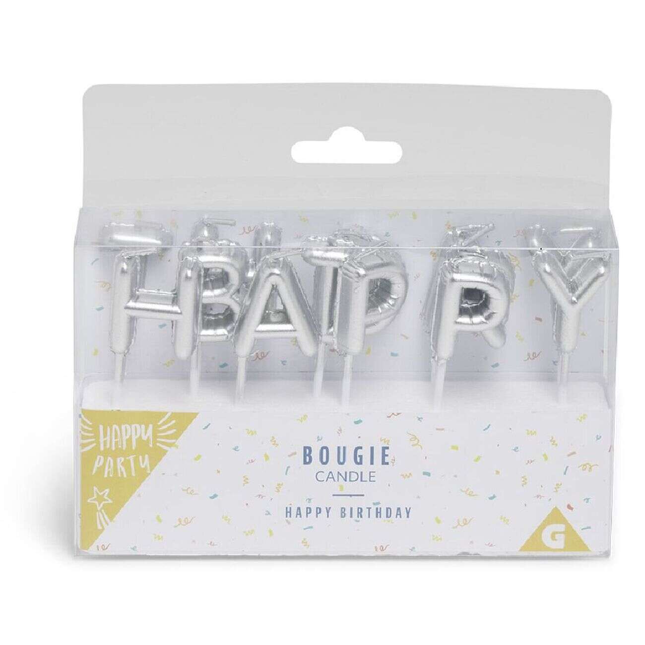 Bougie anniversaire lettres Happy Birthday argenté