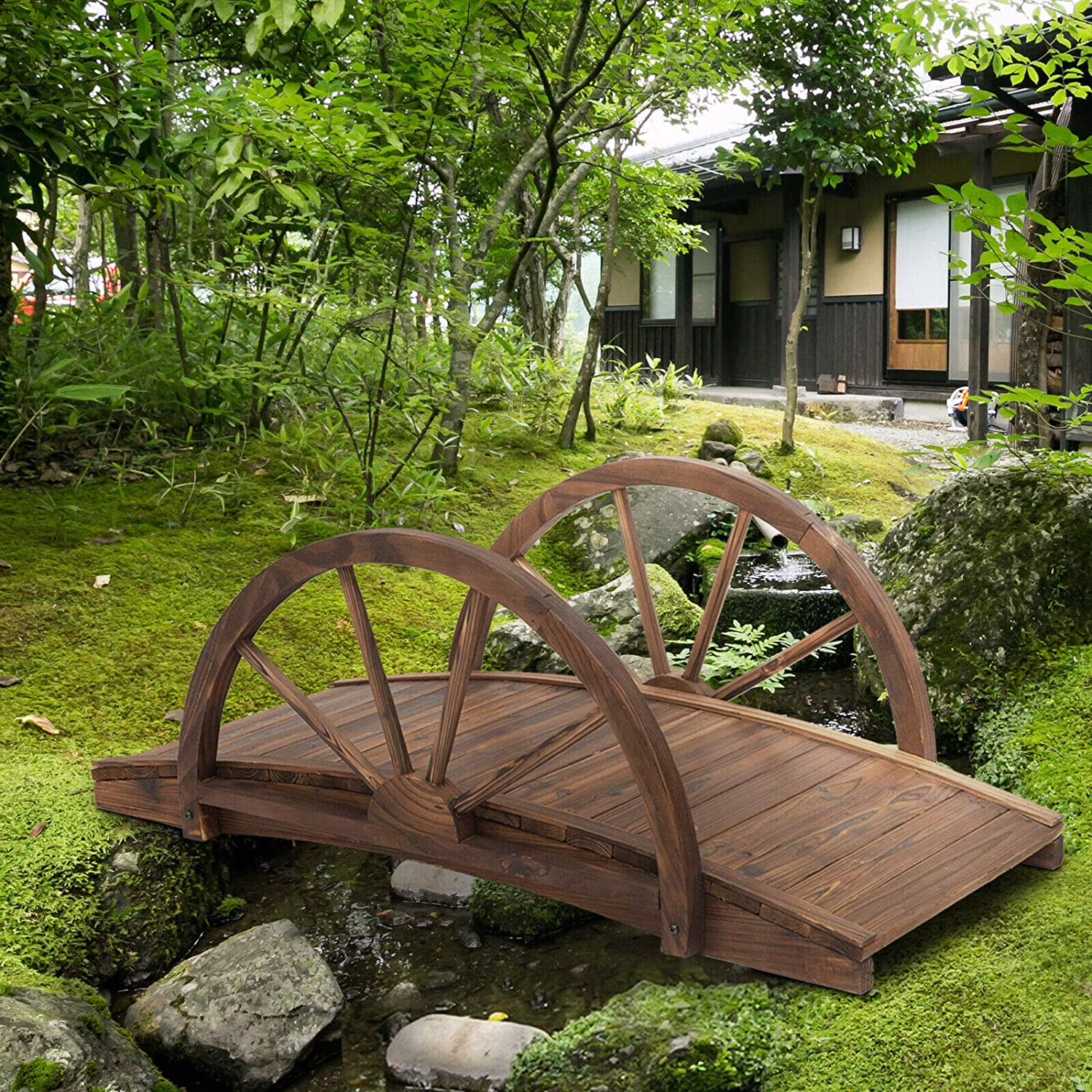 Outdoor Garden Bridge Load Weights 330 lbs.3.3 Ft, Solid Fir Wood Arc Stained Finish Footbridge Walkway with Half Wheeled Railings Decorative Pond Backyard