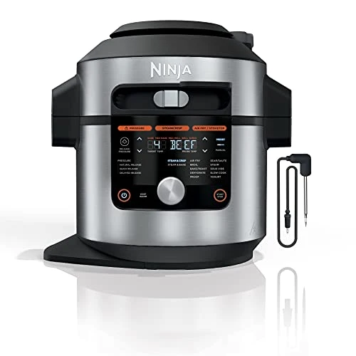 OL701 14 in 1 SMART XL 8 Qt. Pressure Cooker Steam Fryer with SmartLid & Thermometer Auto Steam Release, that Air Fries, Proofs & More, 3 Layer Capacity, 5 Qt. Crisp Basket, Silver/Black