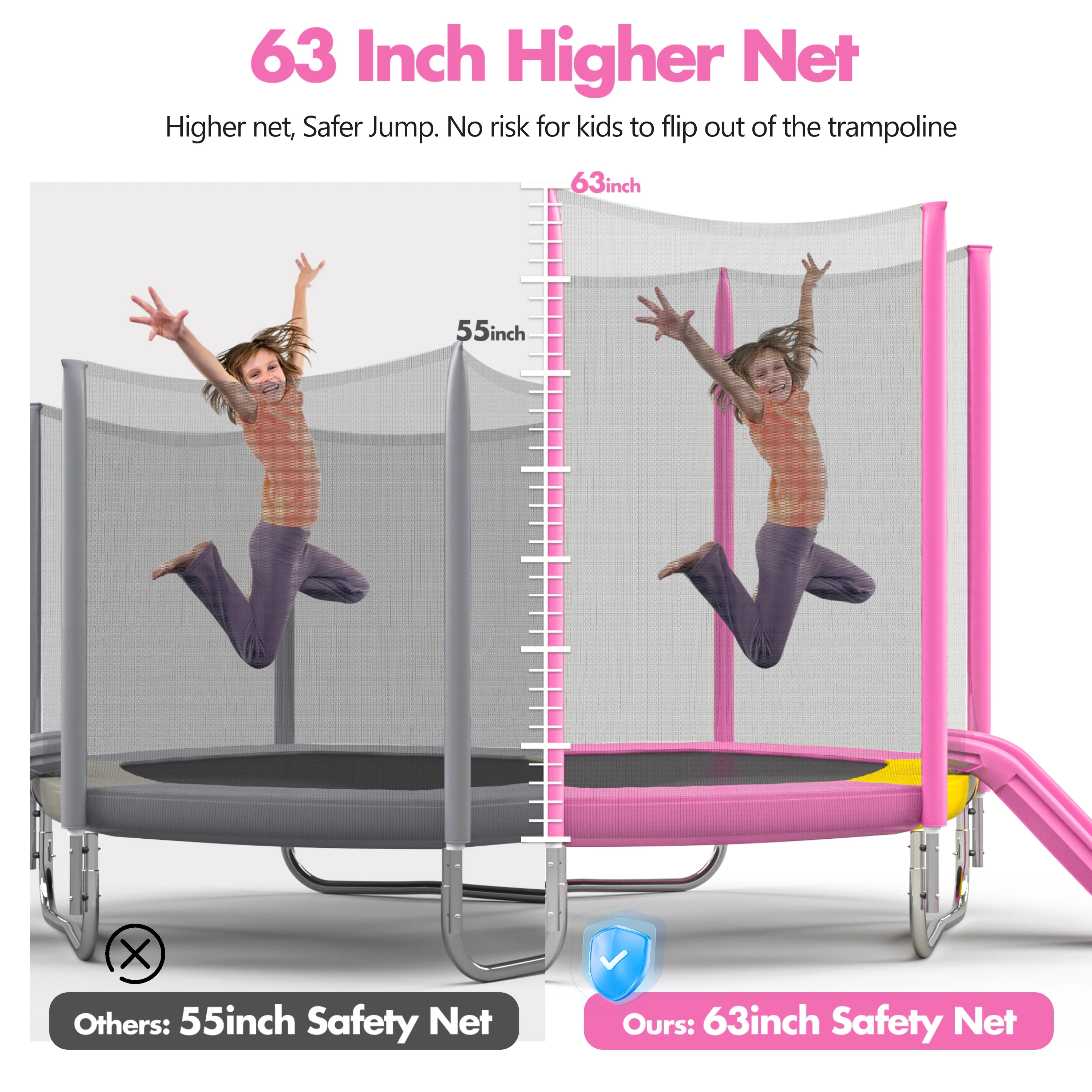 7FT Trampoline with Removable Slide, Kids Indoor Outdoor Trampoline with Enclosure Net and Ladder, Pink(Pink) Image 6