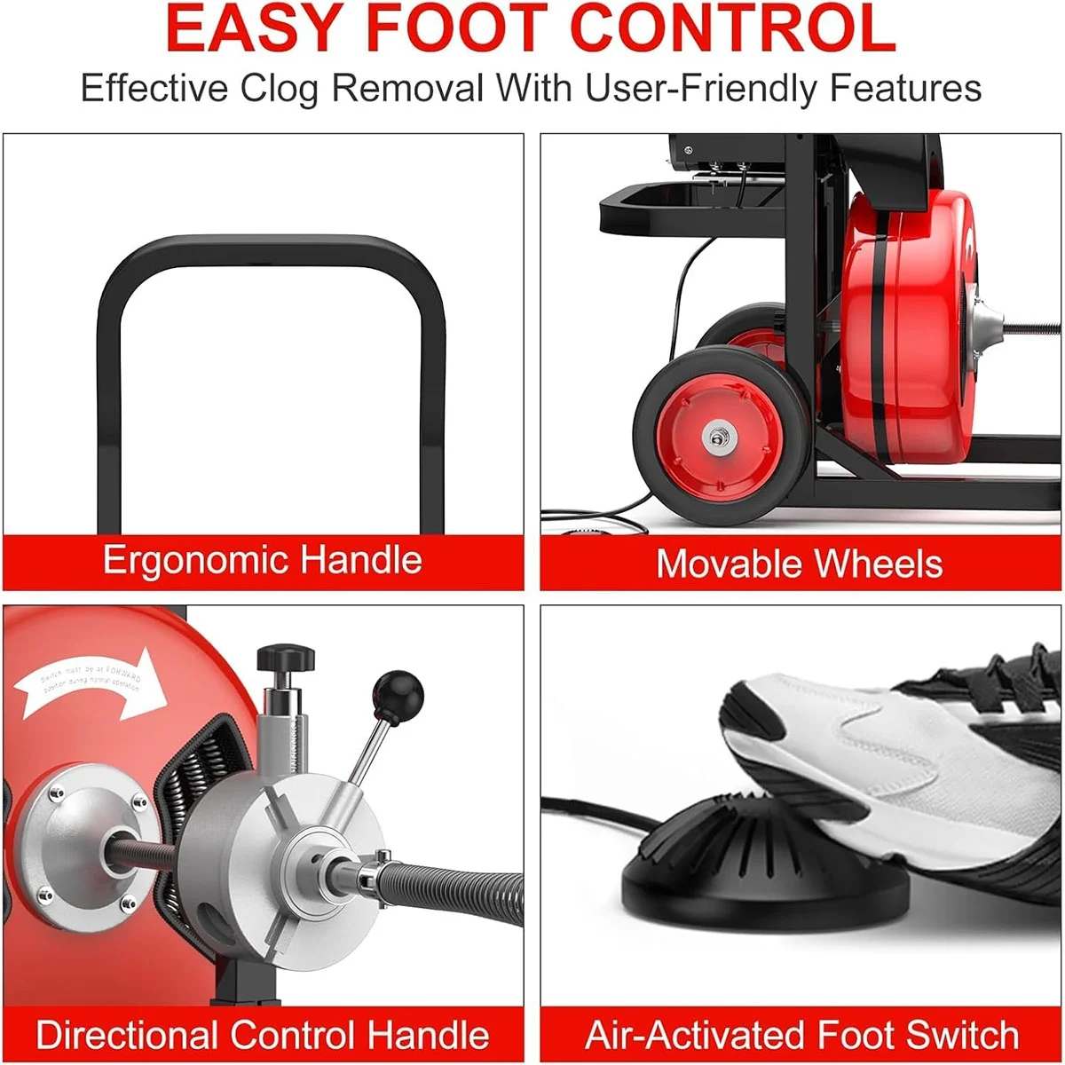 75 FTx1/2 Inch Drain Cleaning Machine, Auto Feed Sewer Snake Drill with Wheels, Pipe Spiral Cleaner with 4 Cutters and Pneumatic Foot Switch, for 2" to 4" Pipes(75Ft x 1/2) - Image 4