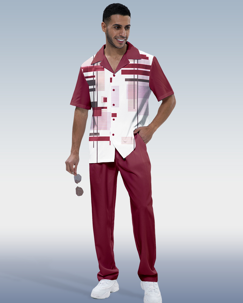 Costume de marche à manches courtes imprimé bordeaux pour homme Suitmens