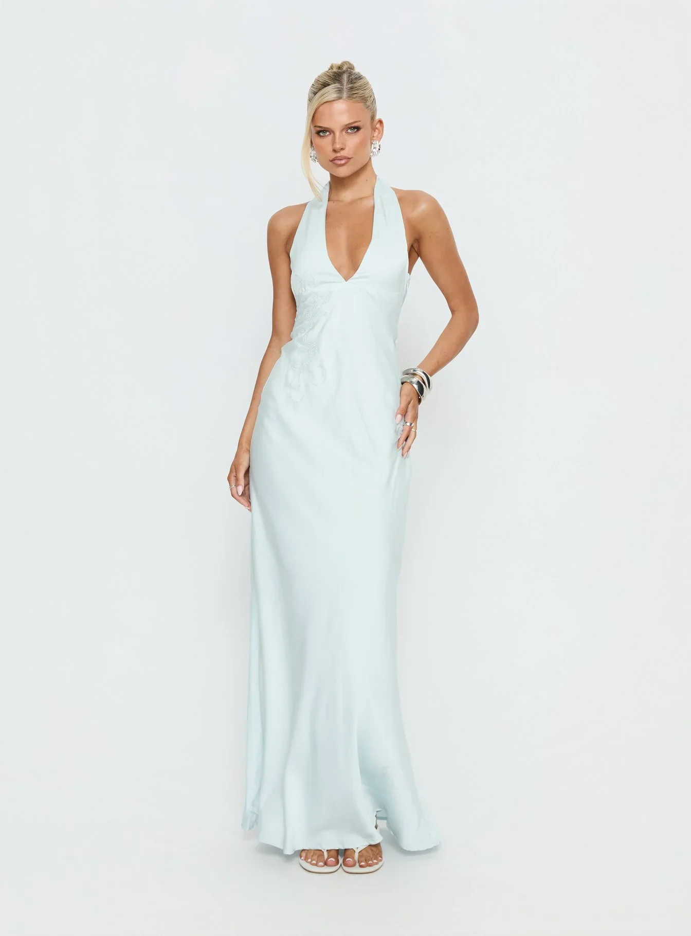Strawberry Clouds Hotstone Satin Maxi Dress Icy Blue