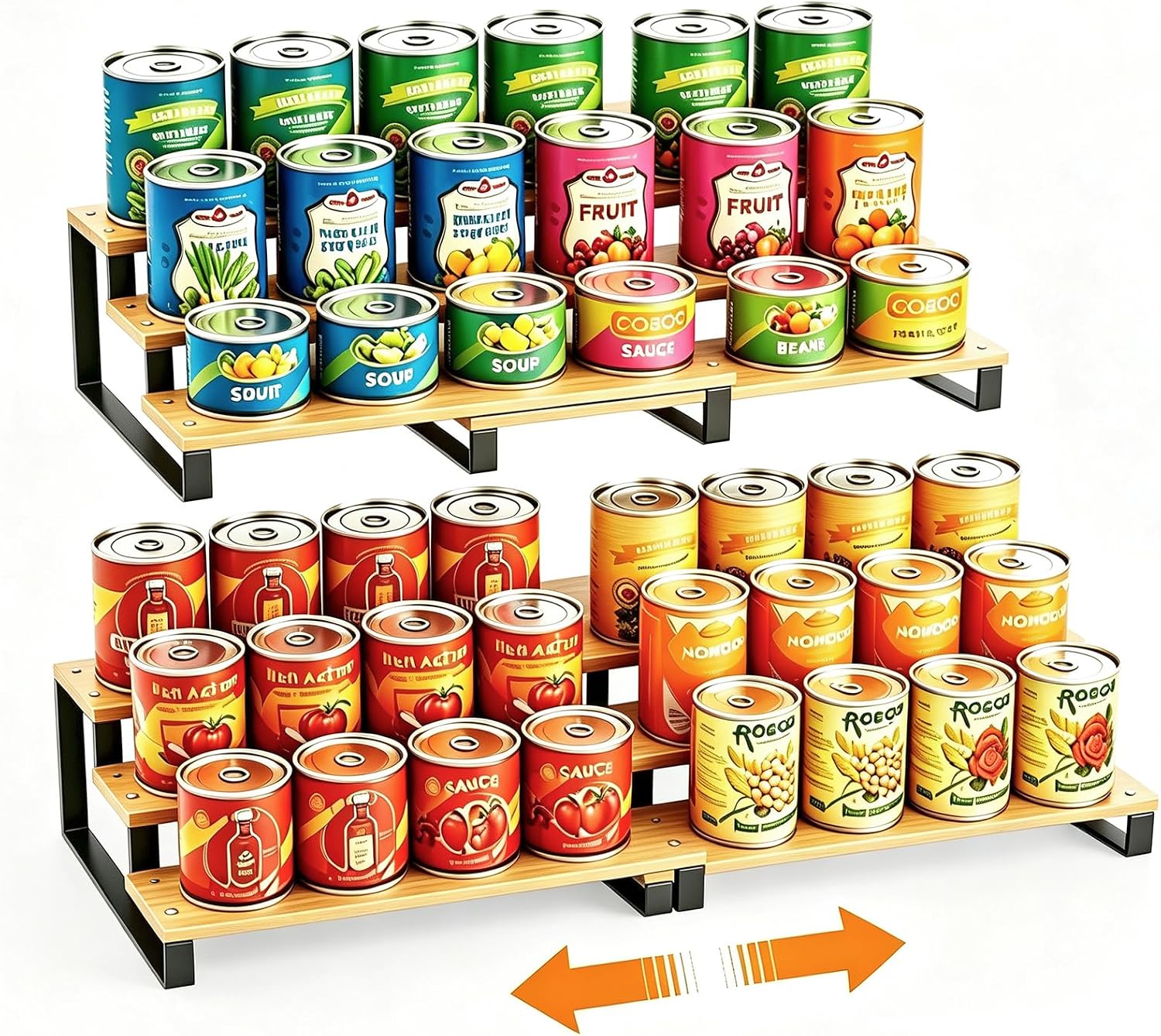 3-Tier Expandable Bamboo & Iron Can Organizer, Holds 30 Cans, Black