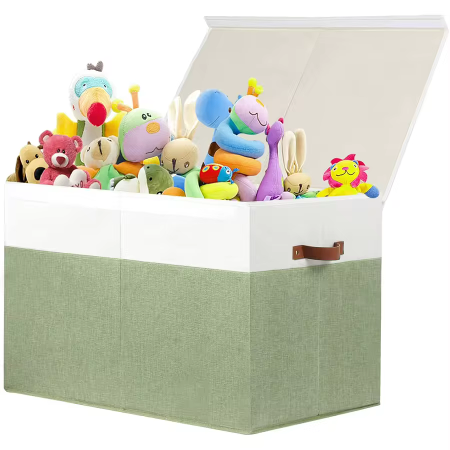 Large beige white toy storage chest with lid and divider