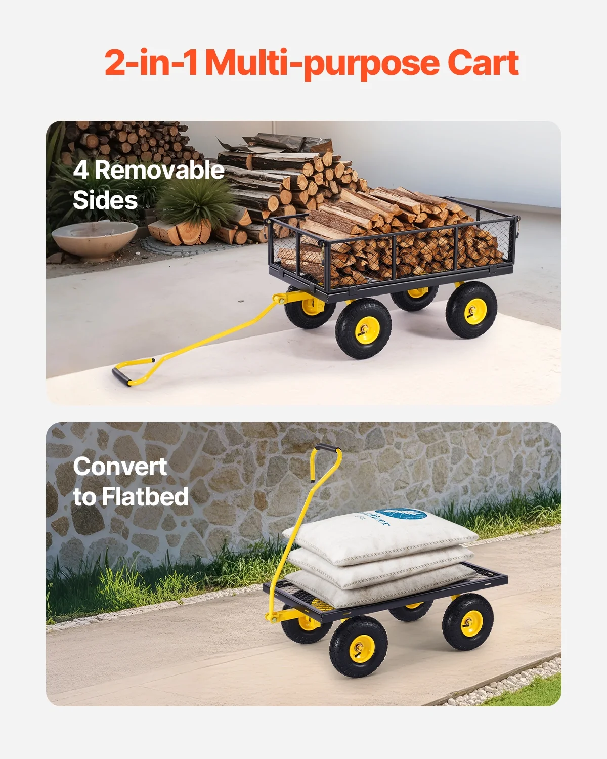 900 Lbs Heavy Duty Steel Garden Cart, Garden Wagon Cart on Wheels, Outdoor Metal Yard Utility Wagon Carts with 10" Tires and Mesh Removable Sides(Convert to Flatbed) and 180��Rotating Handle - Image 3