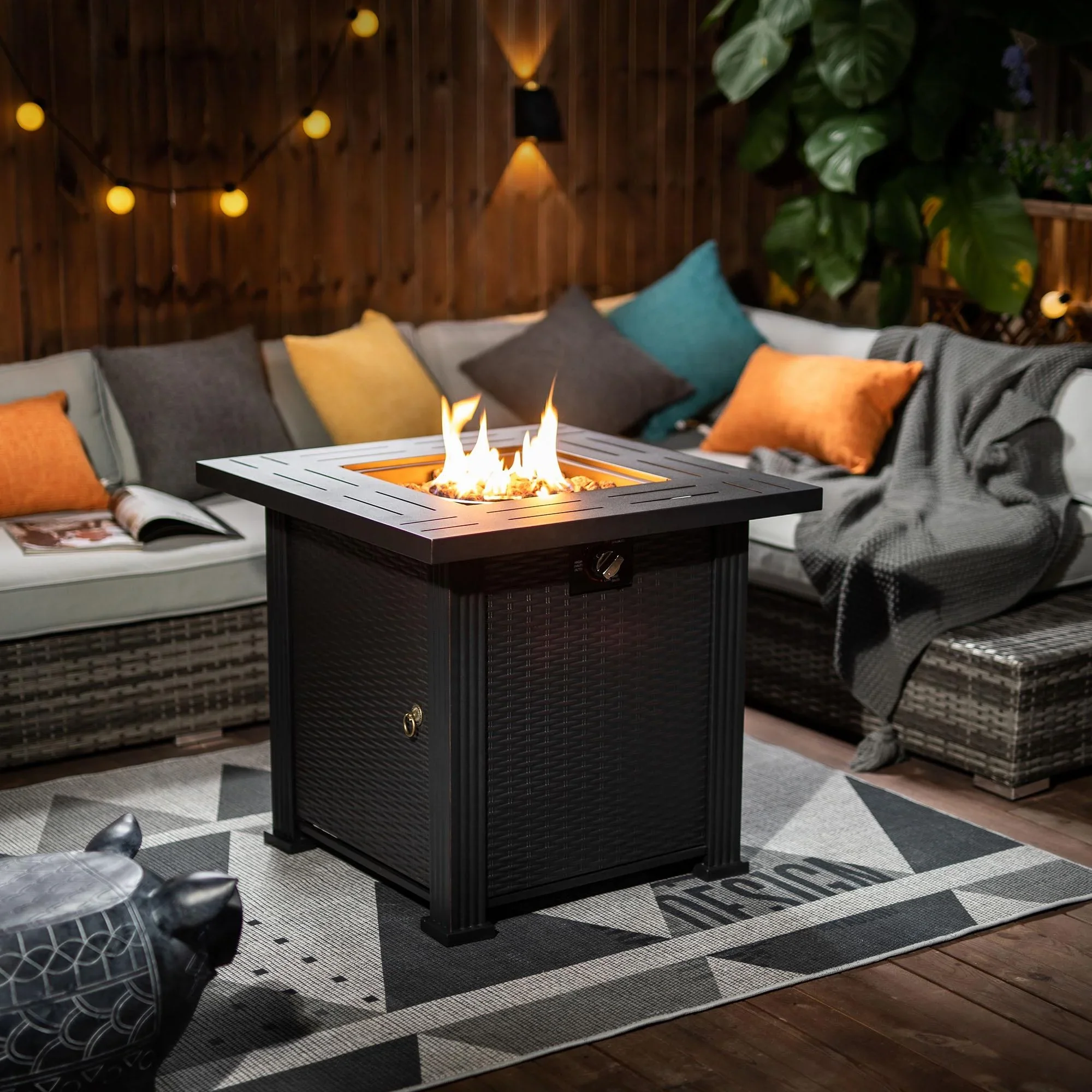 2-in-1 Propane Fire Pit Table, Outdoor Table with Fire Pit, 28 Inch 40,000 BTU Auto-Ignition Gas Fire Pit Table with Lid and Lava Rock, Square Fire Table for Yard Patio Garden