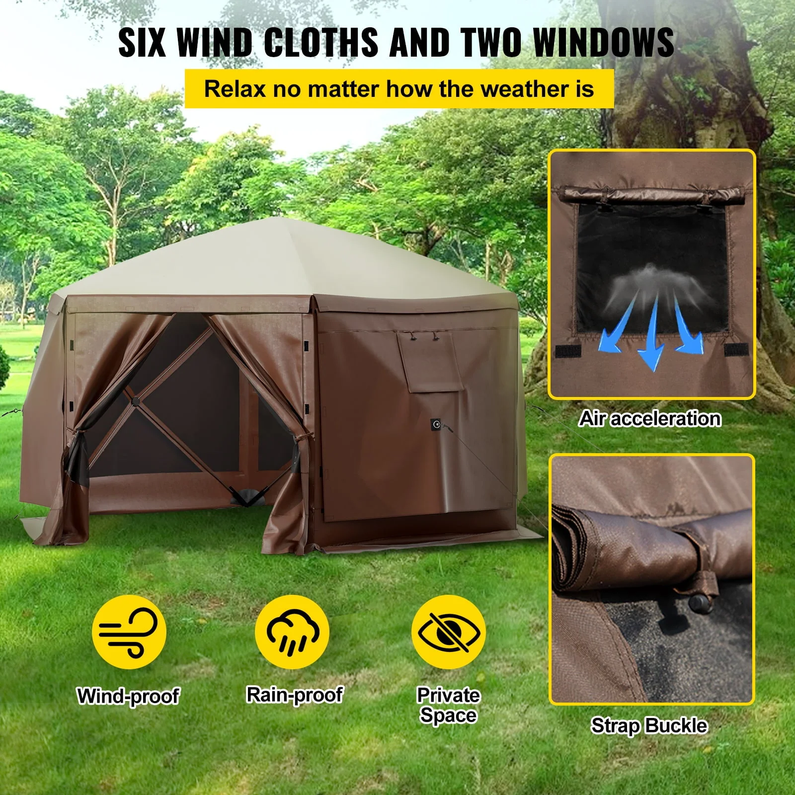 Camping Gazebo Tent, 12'x12', 6 Sided Pop-up Canopy Screen Tent for 8 Person Camping, Waterproof Screen Shelter w/Portable Storage Bag, Ground Stakes, Mesh Windows, Brown Beige - Image 3