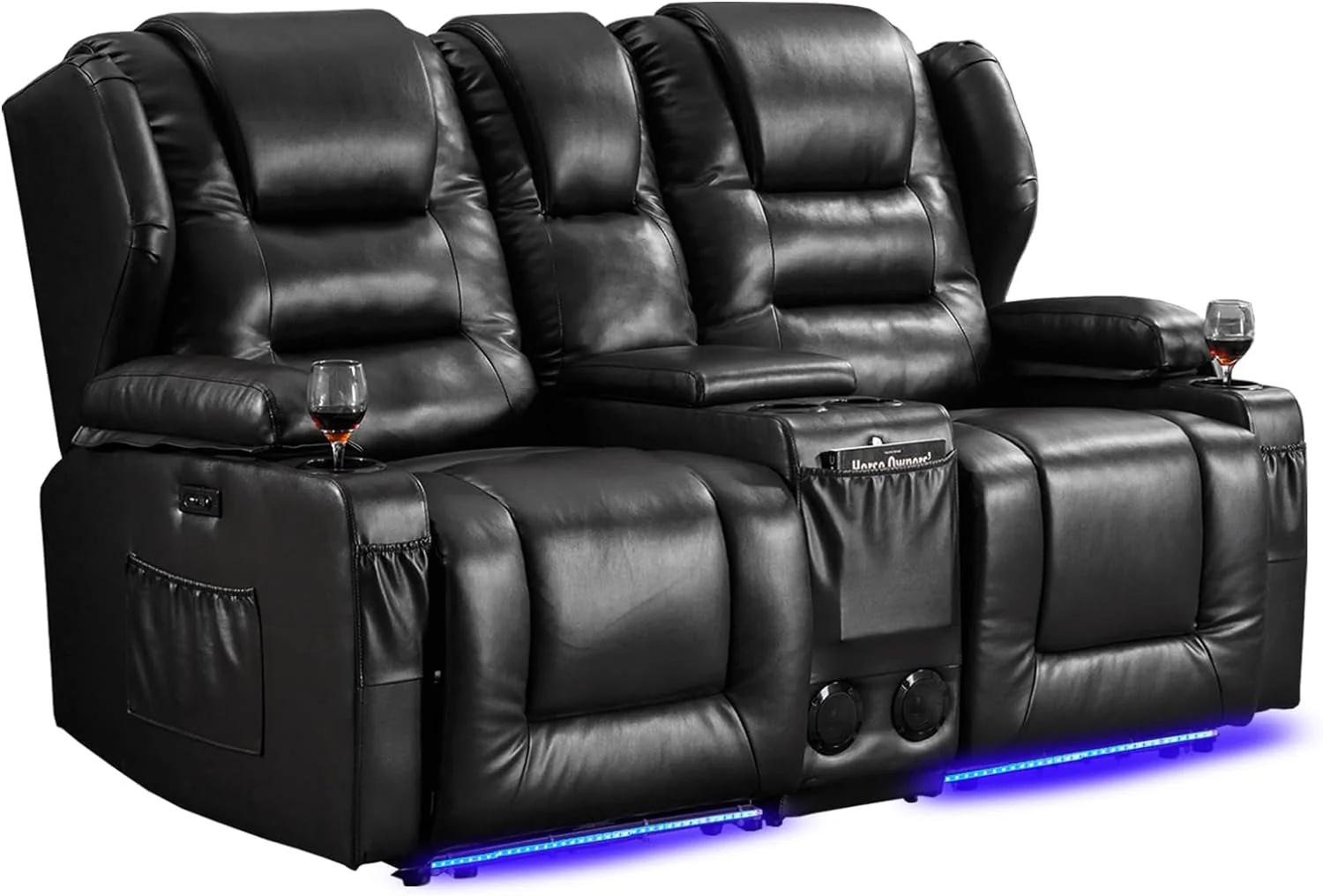 Electric Home Theater Seating- Power Recline Chair Loveseat RV Sofa with Console, 67" Double Recliner 2-Seater RV Couch with Storage/USB Charging/Lighting/Cup Holders for Living Room(Black)