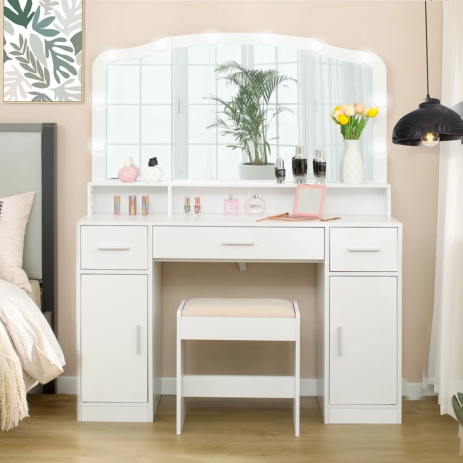 USIKEY Large Vanity Set with Large Lighted Mirror, Modern Makeup Vanity Table with 3 Drawers, 2 Storage Cabinets 10 LED Bulbs and Cushioned Stool for Women, Bedroom, WhiteSZT32WD(Gray) Image 2