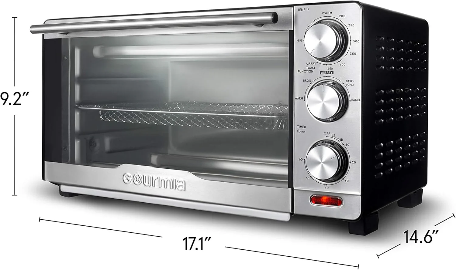 Four Gourmia avec friteuse à air chaud, 17 programmes de cuisson prédéfinis, capacité de 24 L et grille à convection.