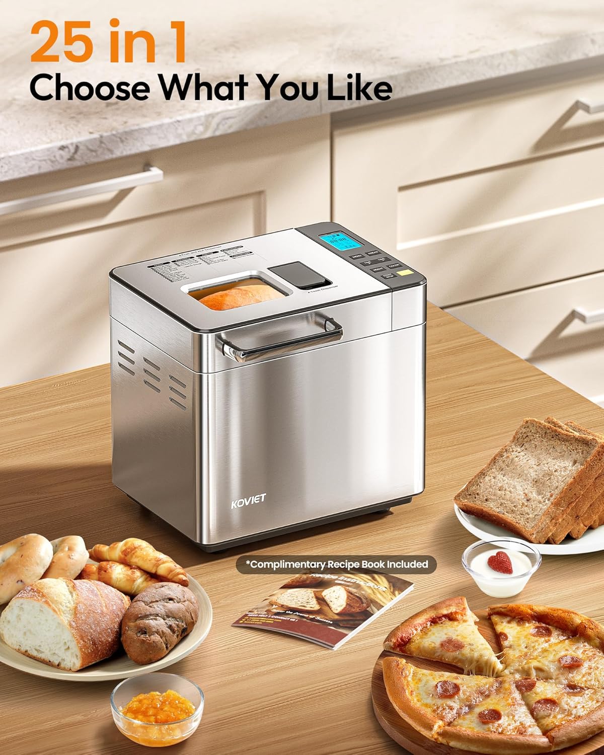 Machine à pain 25 en 1 avec double distributeur automatique, capacité 900 g, en acier inoxydable.