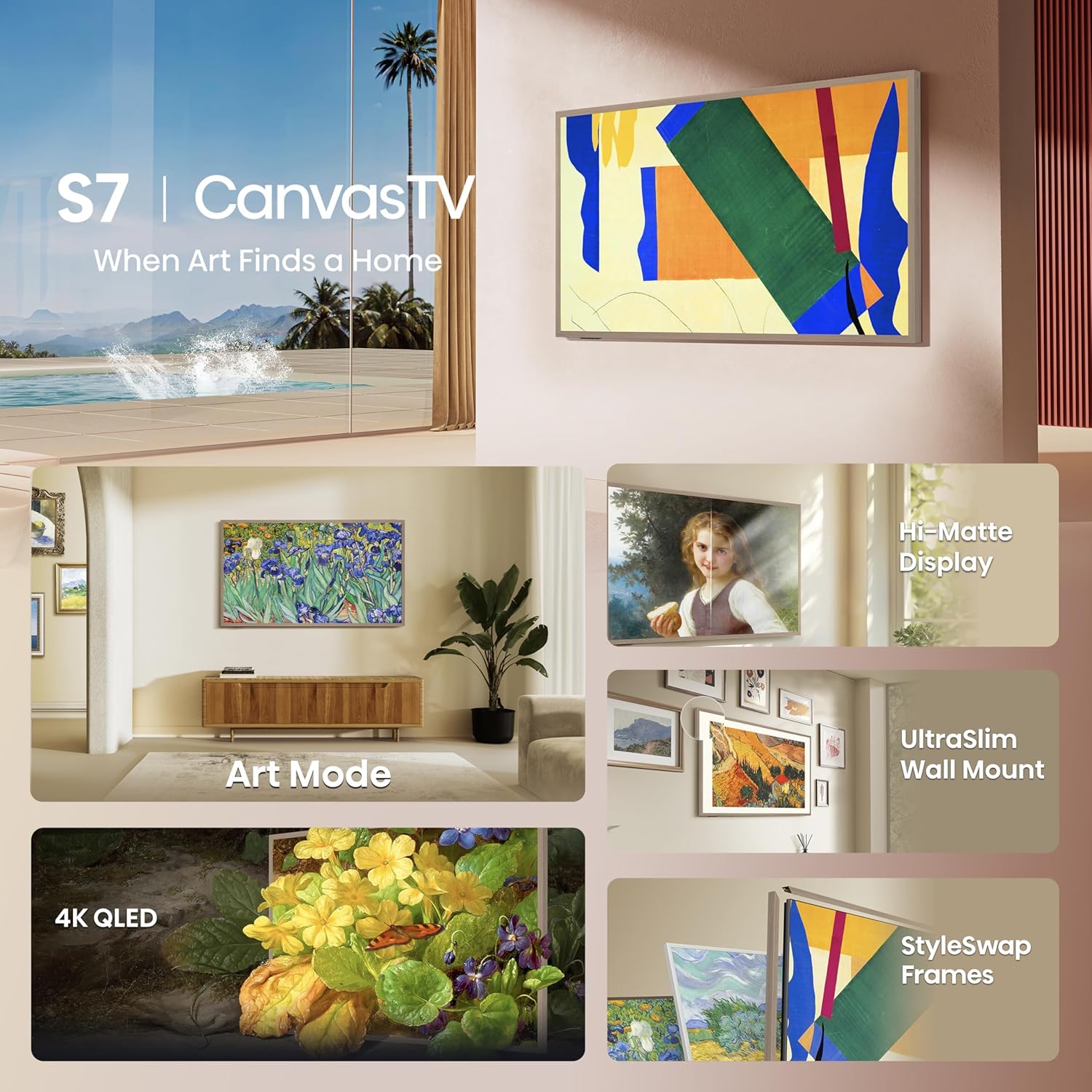 Hisense 55-Inch Class QLED 4K S7N CanvasTV Series Dolby Vision HDR Google Smart TV (55S7N) - 144Hz  Art Mode  Anti-Glare Panel  Hi-Matte Display  Frame & UltraSlim Wall Mount Included