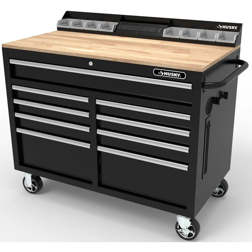 Établi mobile à 9 tiroirs (117 cm L x 62 cm P) avec plateau en bois dur et station d'alimentation – Noir brillant