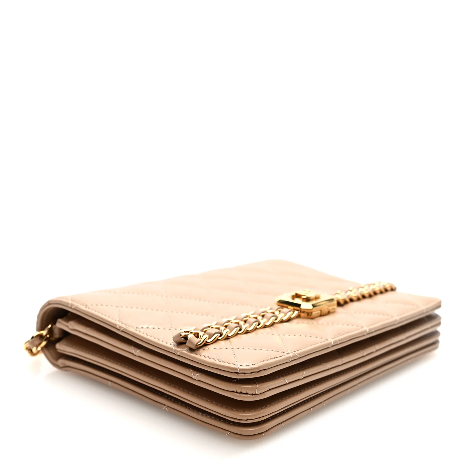Shiny Aged Calfskin Quilted Clutch With Chain Dark Beige