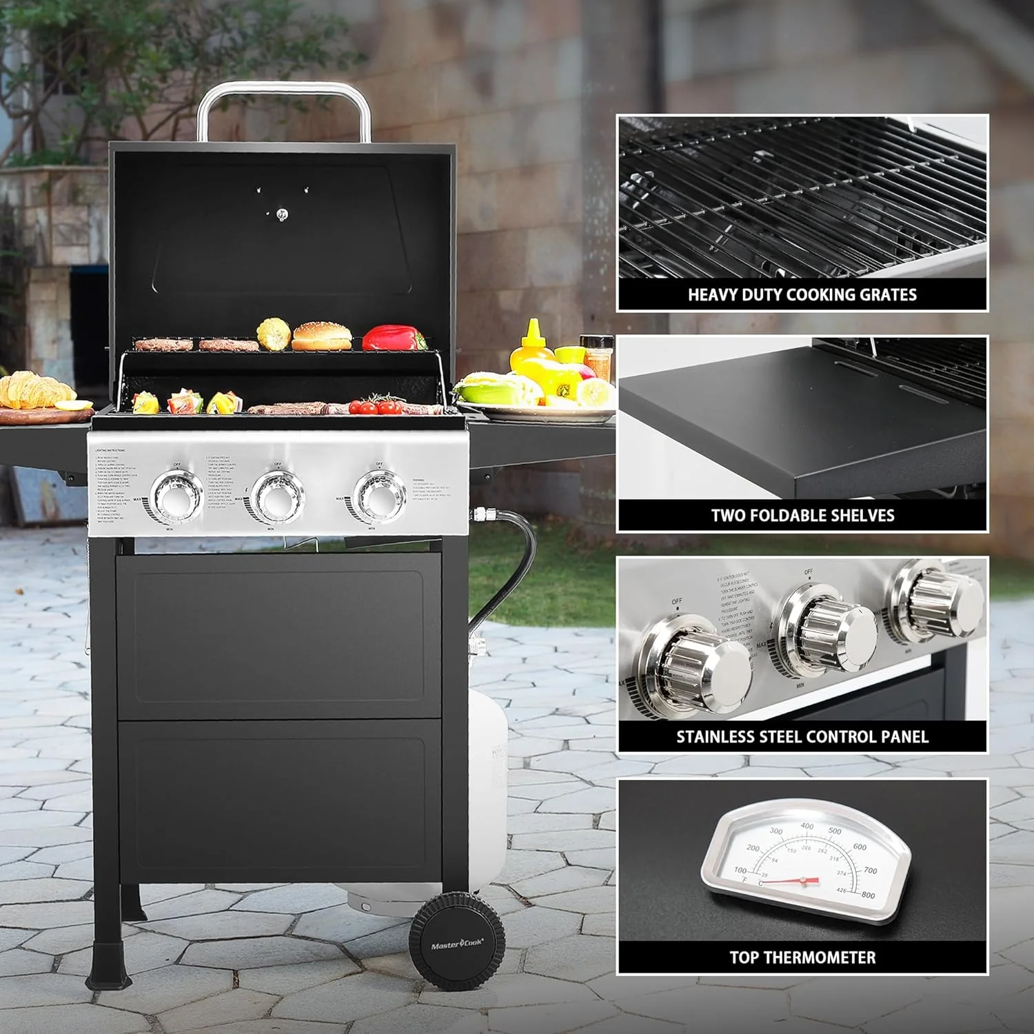 Barbecue à gaz propane à 3 brûleurs, en acier inoxydable, 30 000 BTU, pour terrasse ou jardin, avec deux étagères pliables.