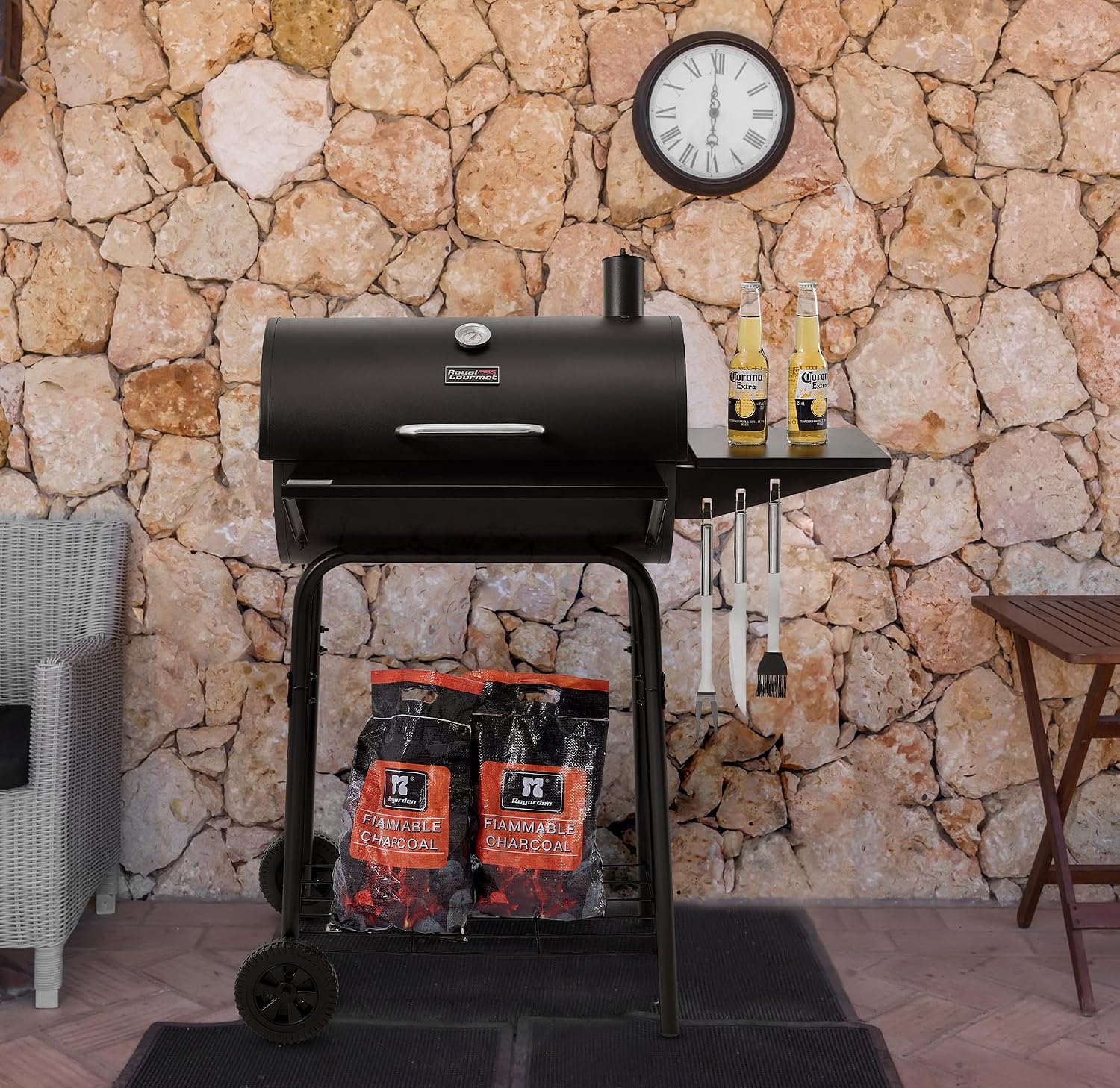 Royal Gourmet CC1624 Barrel Charcoal Grill with Side and Front Shelves