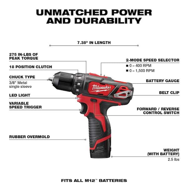 M12 12V Lithium Ion Cordless 3/8 in Drill/Driver Kit with Two 1 5 Ah Batteries, Charger and Tool Bag Image 3