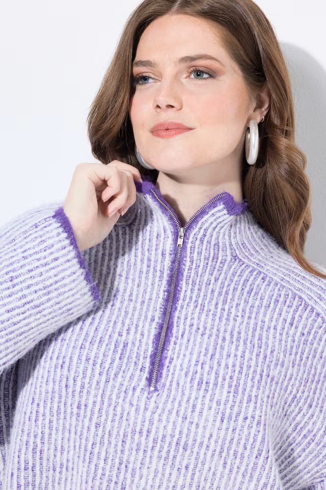 Striped Knit Long Sleeve Troyer Collar Sweater