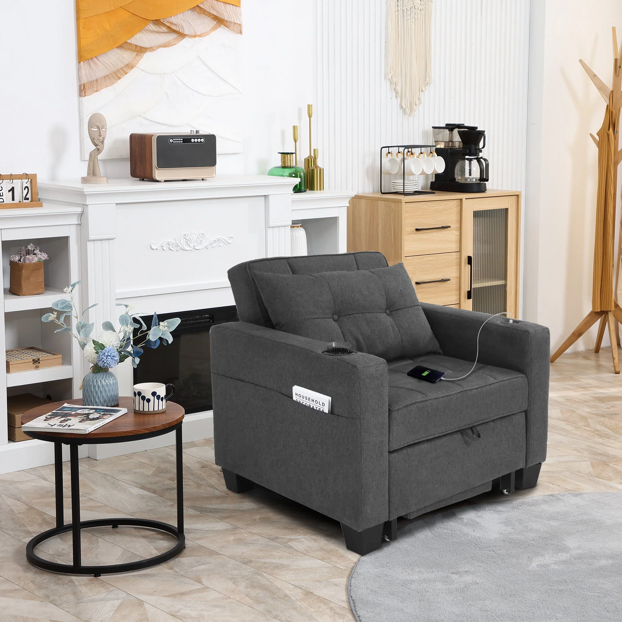 DURASPACE 3 in 1 Convertible Sleeper Chair Bed with Usb Port, Linen Pull Out Chair Indoor, Dark Gray(Faux Leather/Black Faux Leather) Image 9