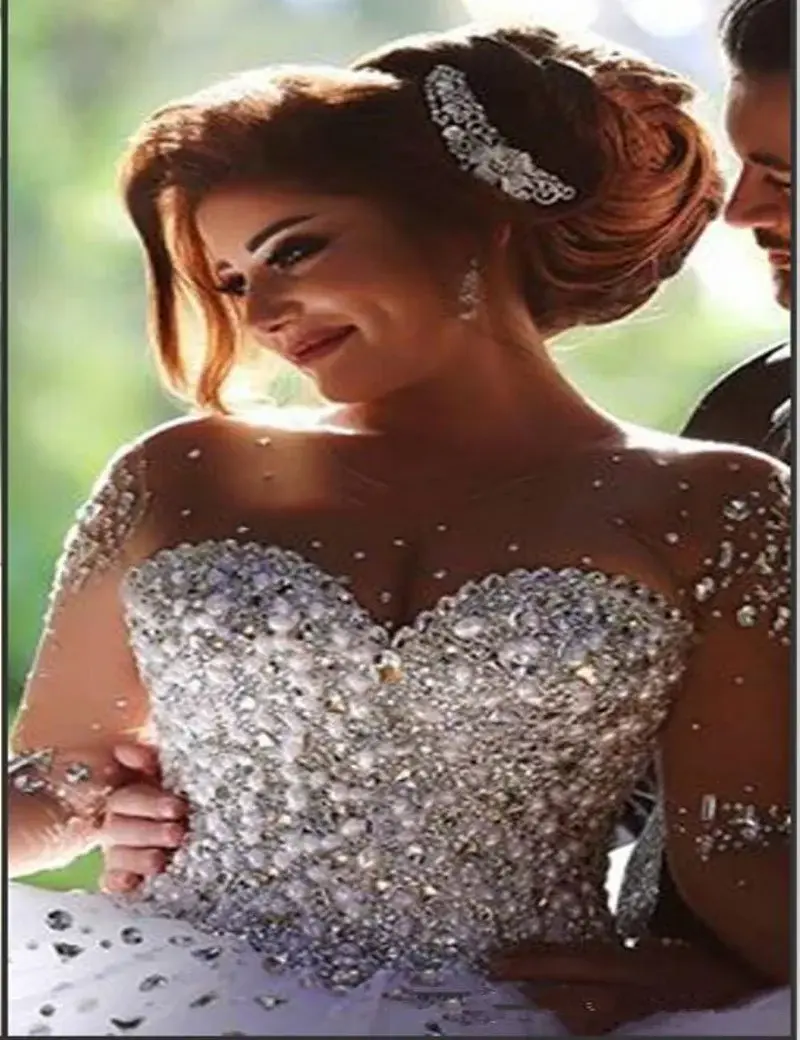 Stunning Long Sleeves Tulle Ball Gown Beaded Wedding Dress DMH69