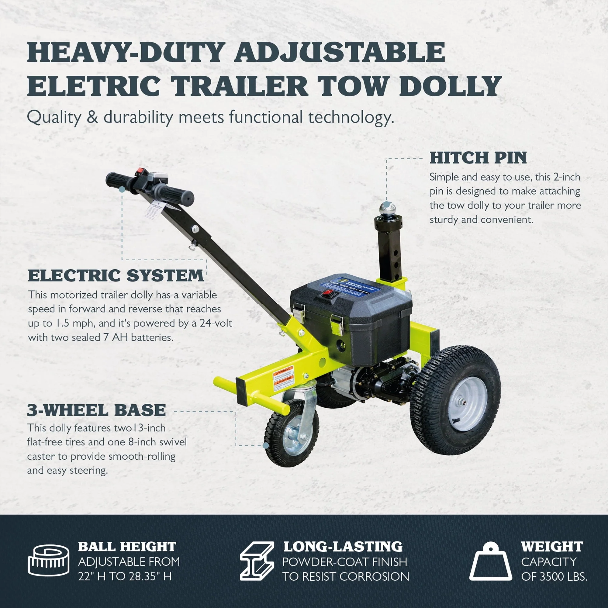 Tow Tuff TMD - 35ETD8 Adjustable 3500 Pound Capacity Electric Trailer Dolly