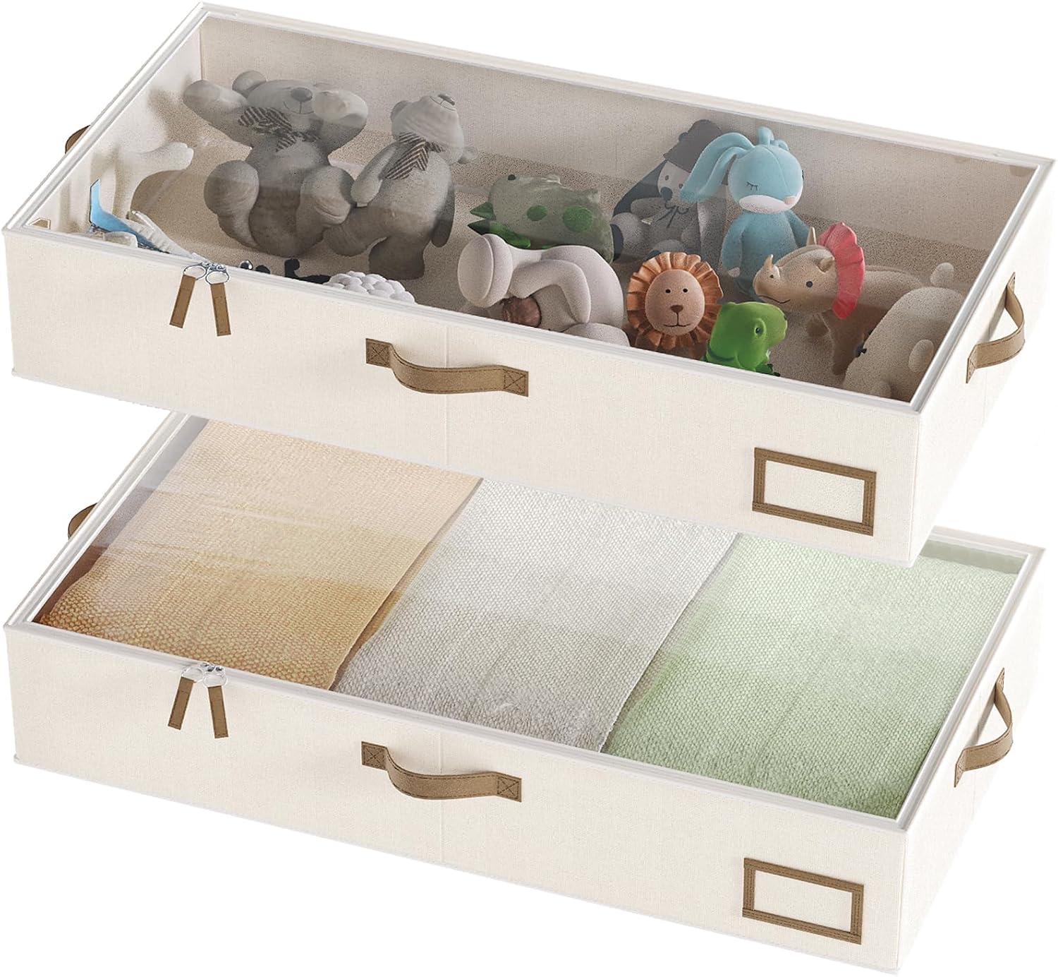 Under Bed Storage, Under Bed Storage Containers Bins for Clothes, Large Linen Underbed Closet Organization Bins, 2 Pack Collapsible Underbed Bin Dorm for Clothes, Sweaters, Beige