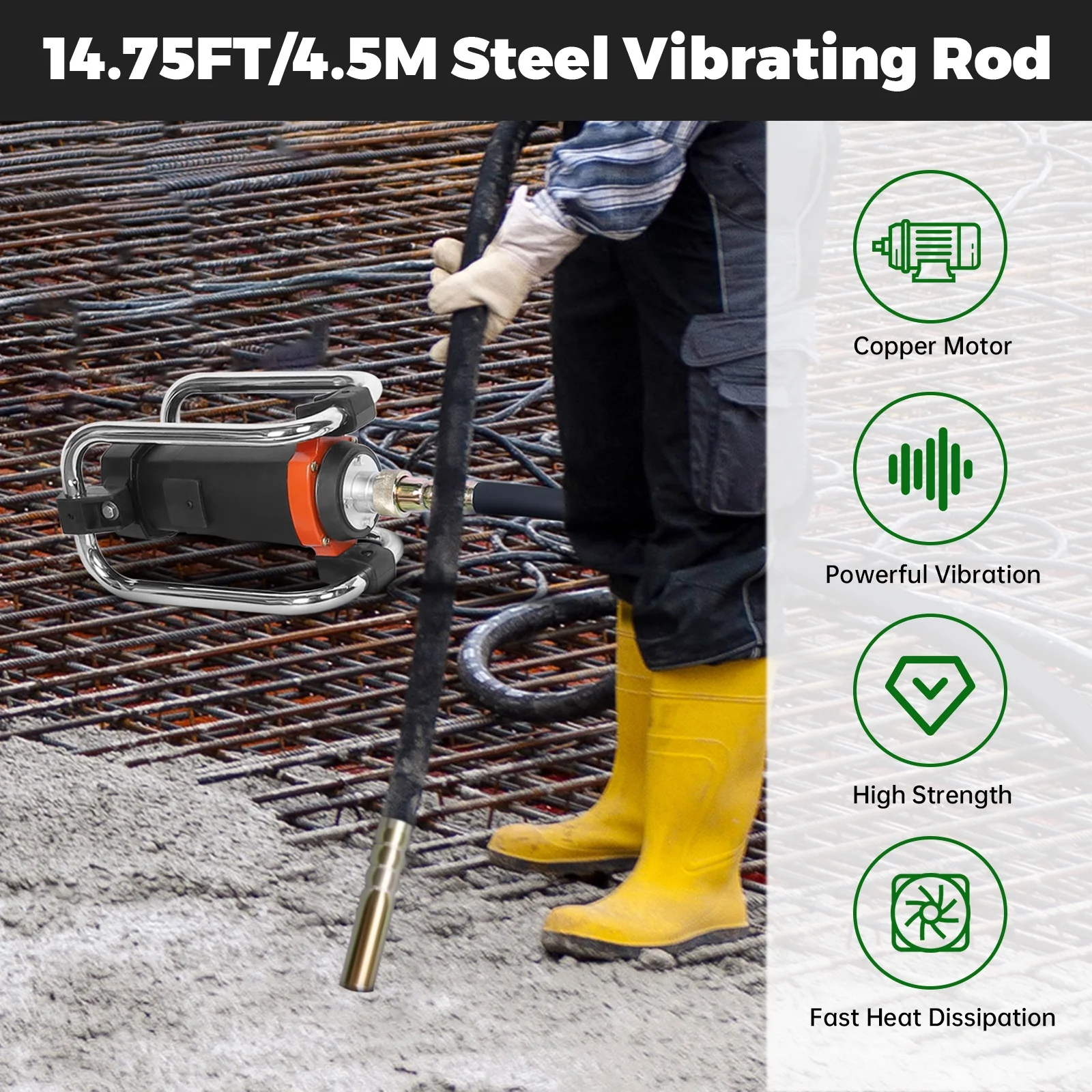 16,000 VPM Concrete Vibrating Tool, Concrete Vibrating Tool Equipped With 14.75FT Steel Vibrating Rod And Stainless Steel Roll Cage, Suitable For Removing Bubbles From Construction Cement - Image 5
