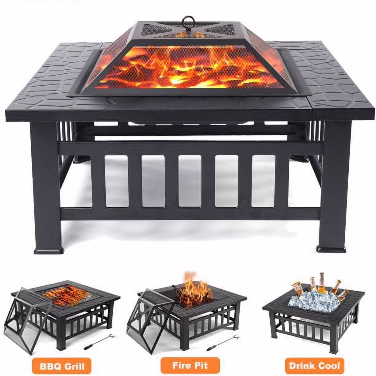 Fire Pits for Outside, DFITO 32 Wood Burning Fire Pit Tables with Screen Lid, Poker, Outdoor Fire Pit Patio Set, Patio Garden Stove Fire Pit/Ice Pit/BBQ Fire Pit, Black, GJ131