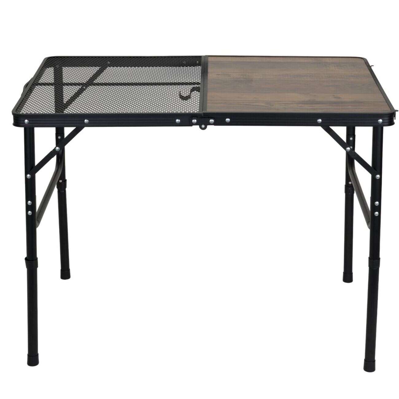 Table camping pliable décor bois et acier finition grille noir 90x60xH66cm