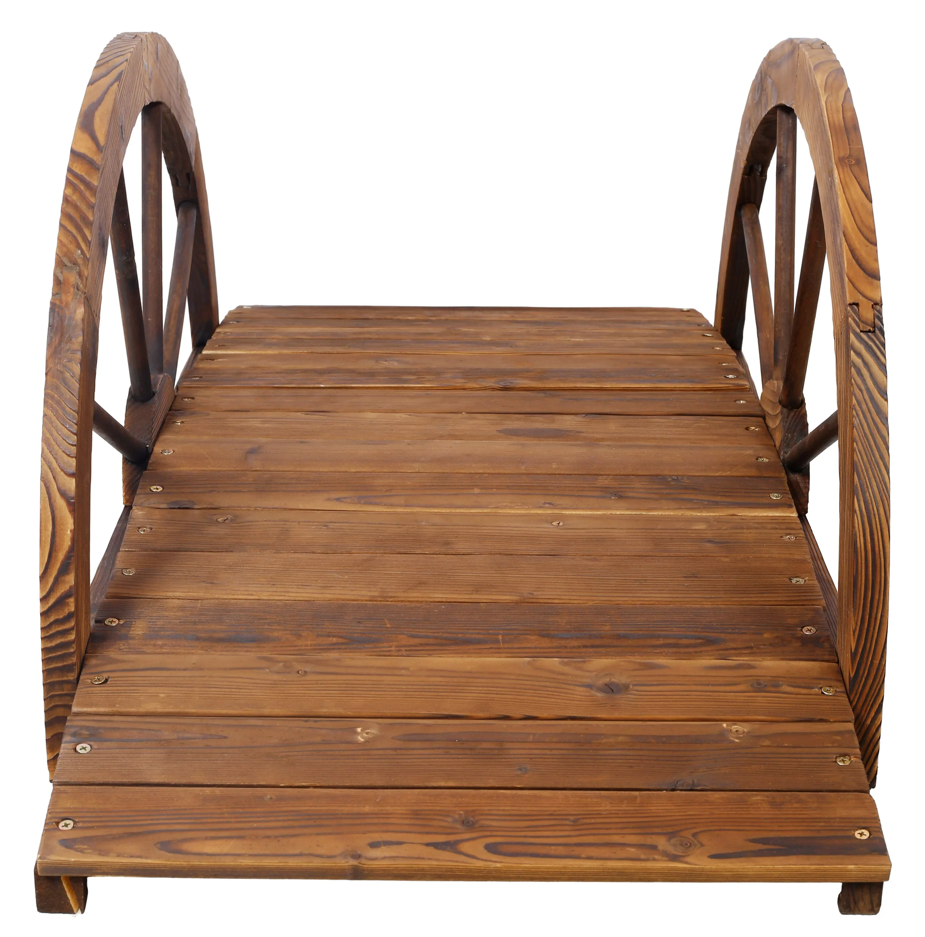 3.3ft Wooden Garden Bridge Arc Footbridge with Half-Wheel Style Railings & Solid Fir Construction, Stained Wood